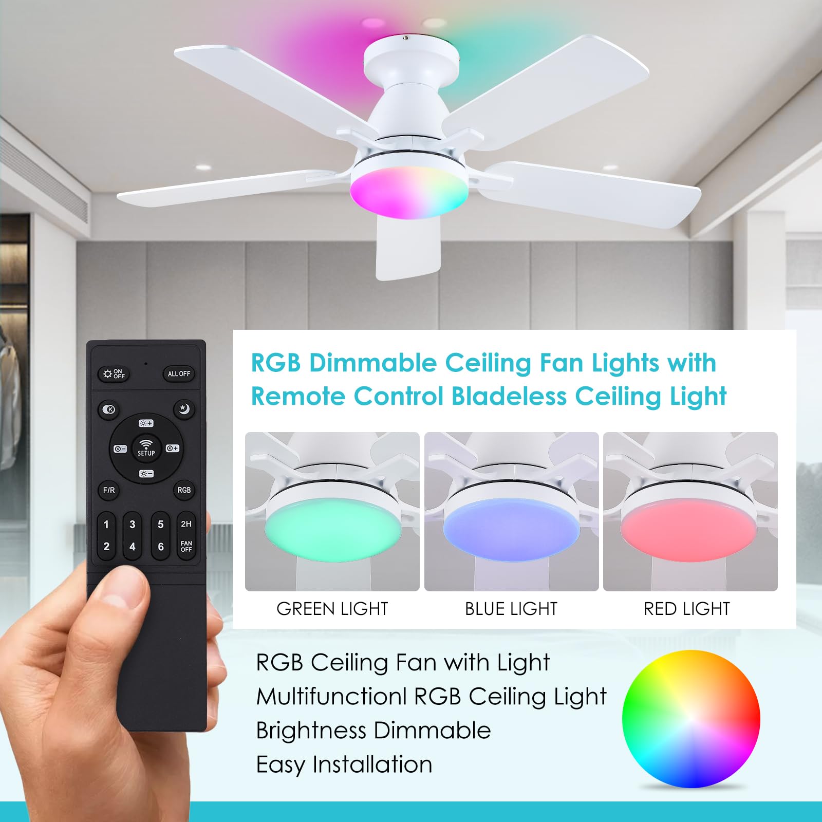 Ceiling Fans with Lights- 46"Low Profile Indoor Ceiling Fan with Light and Remote/APP Control, Flush Mount, LED Dimmable DC Reversible Modern Ceiling Fan for Bedroom（Black）