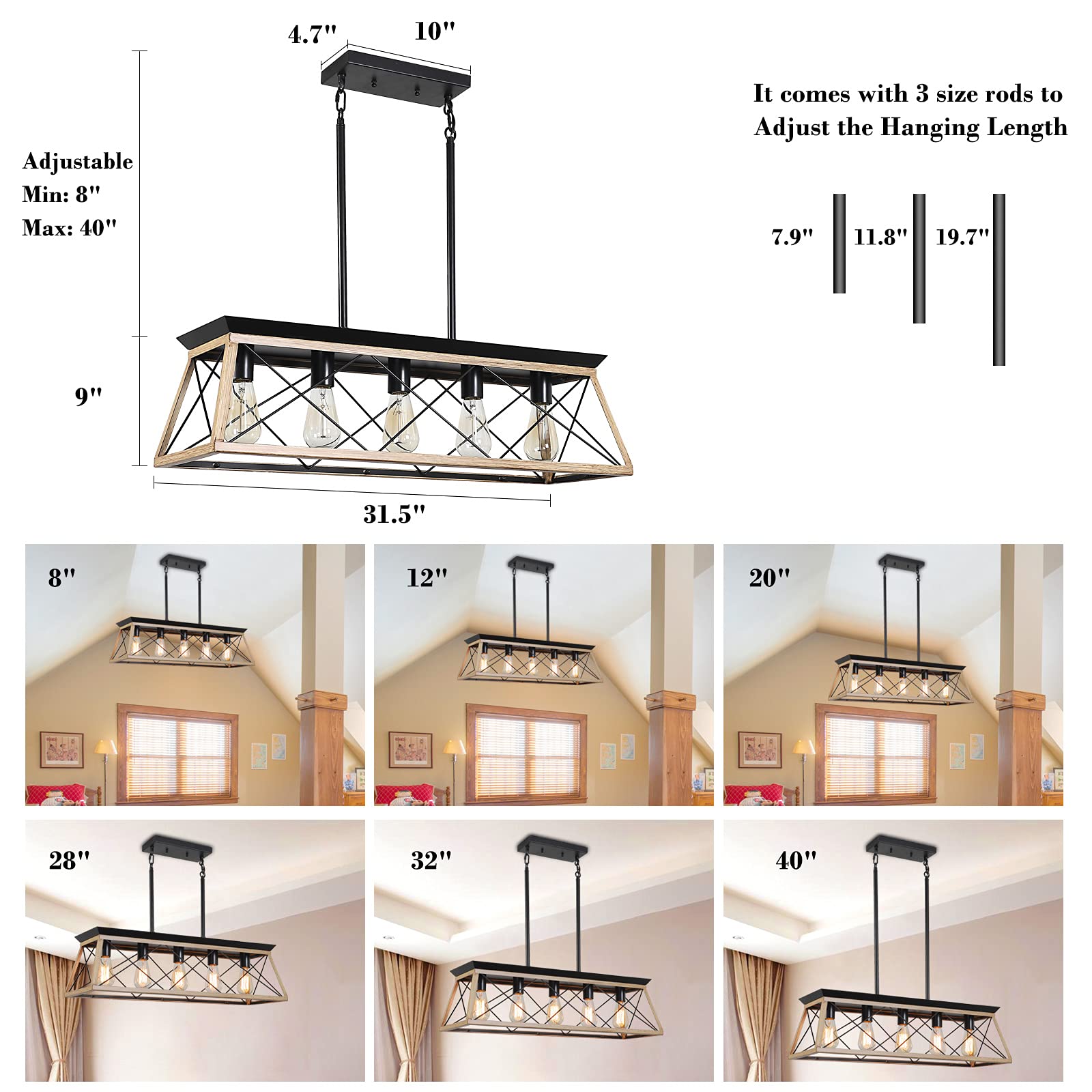 Farmhouse Chandeliers for Dining Room, Rustic Kitchen Island Light Fixture, 5-Light Linear Pendant Lighting Rectangular Chandelier, Metal Solid Ceiling Lights Black