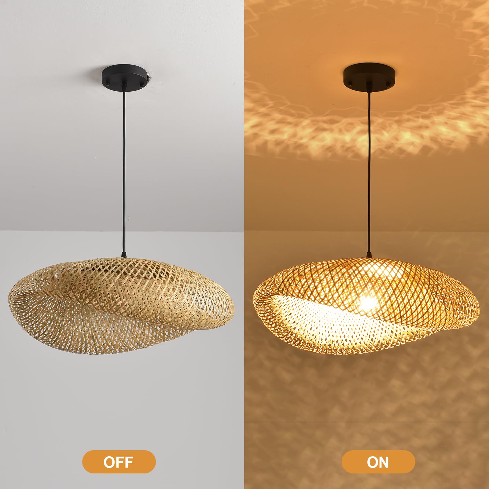 Boho Bamboo Pendant Light, 23.64in Bohemian Hand-Woven Rattan Chandelier Coastal Wicker Lighting Fixtures Hanging Lamp for Kitchen Island Dining Living Room Restaurants Bedroom