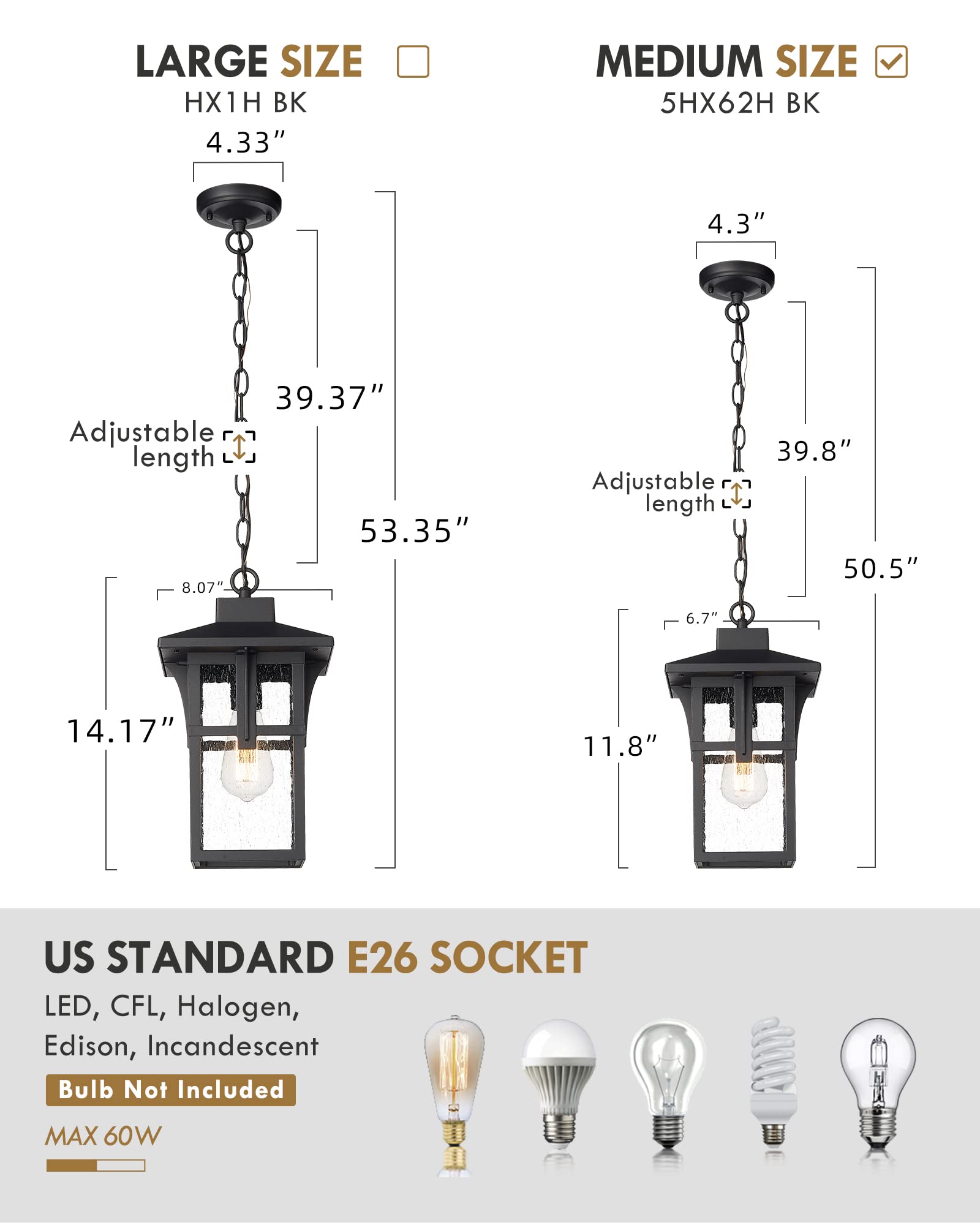 Outdoor Pendant Lights for Porch, HWH Exterior Hanging Porch Light, Farmhouse Outdoor Pendant Lighting with Height Adjustable Chain, Seeded Glass Shade, Matte Black Finish with Gold Edge, 5HX62H BG