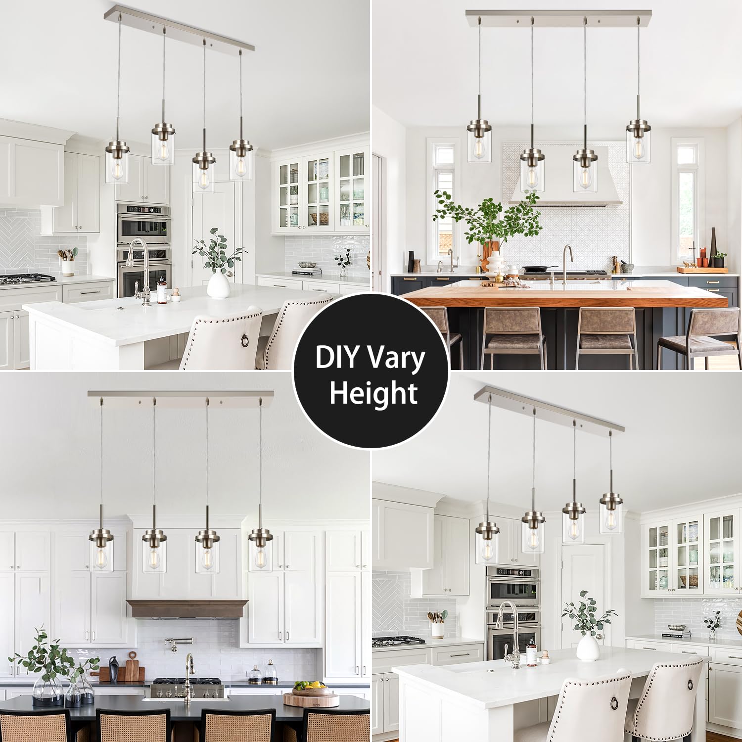 Island Lights for Kitchen, 4-Light Dining Room Light Fixtures, Modern Chandeliers for Dining Rooms Over Table Brushed Nickel Pendant Lights Linear Kitchen Island with Clear Glass Shade