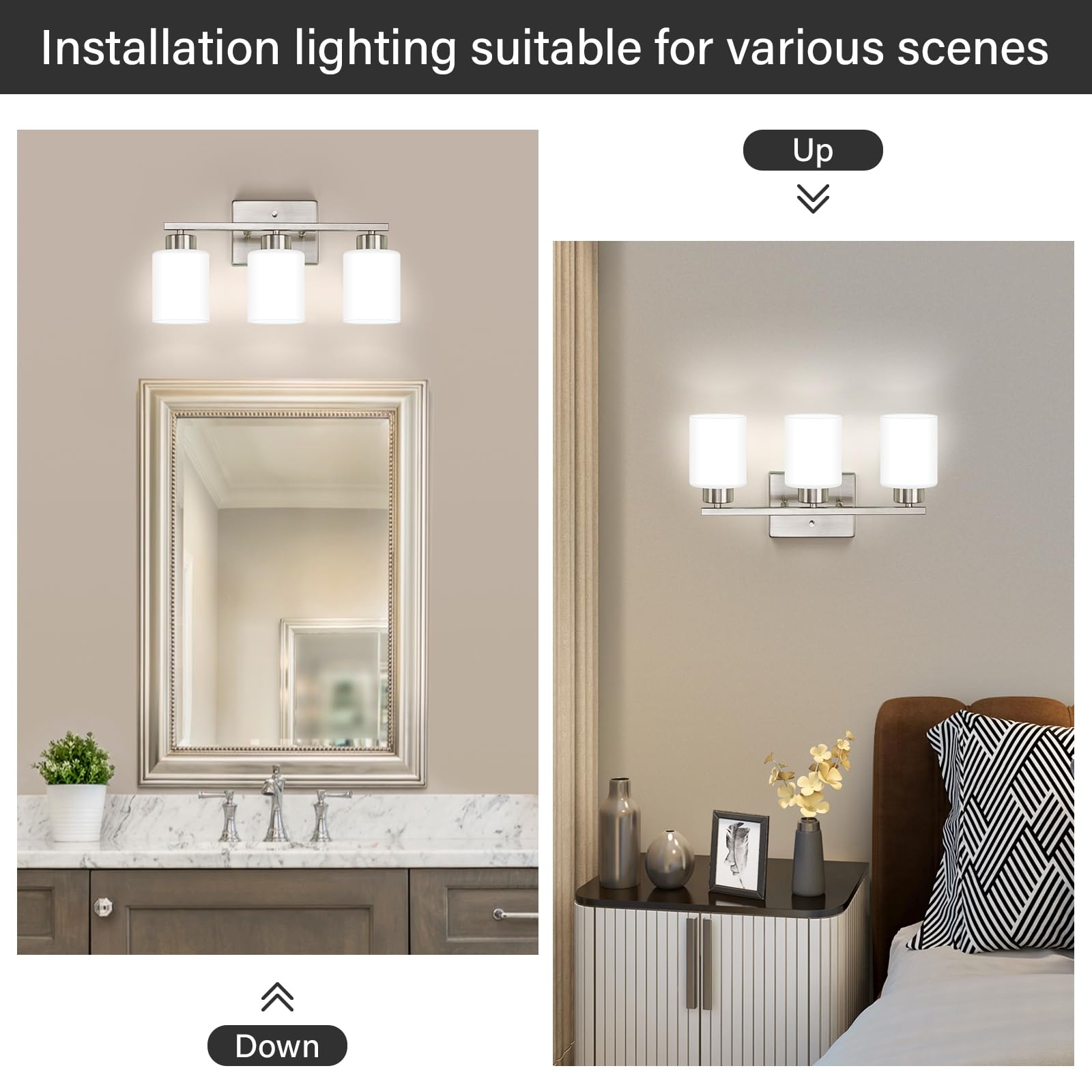 Brushed Nickel Bathroom Light Fixtures, 3-Light Modern Vanity Light Over Mirror, Wall Sconces with Milky White Frosted Glass Shades, E26 Socket (Bulbs Not Included)