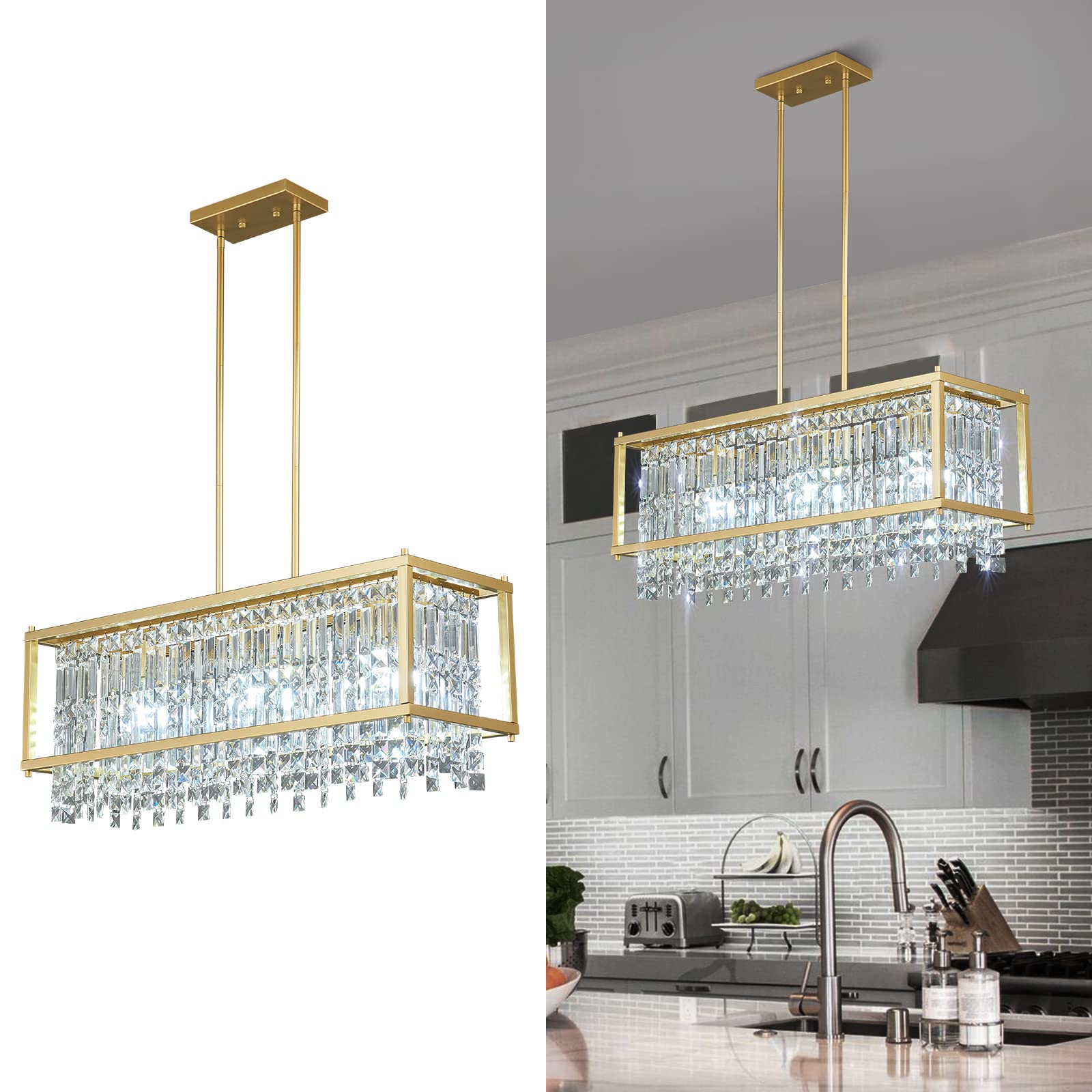 4-Light Dining Room Light Fixture 11.81 inch Square Lndustrial Farmhouse Chandelier Gold Metal Crystal Pendant Light for Kitchen Island Dining Room Living Room Flat and Inclined Ceiling