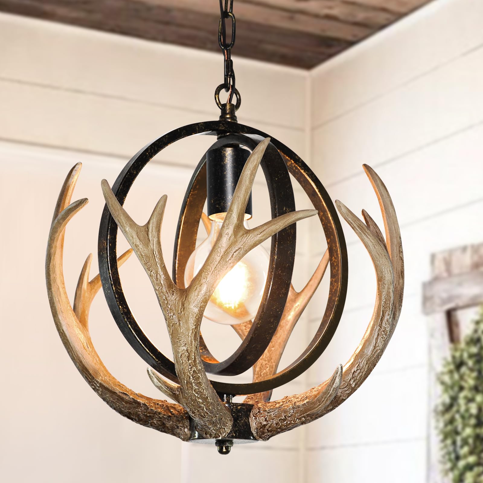 Rustic Antler Chandelier, 14" Farmhouse Chandelier with Resin 4 Antlers and Retro Metal Globe Chandelier Vintage Style for Dining Room, Kitchen, Hallway, Pendant Lights