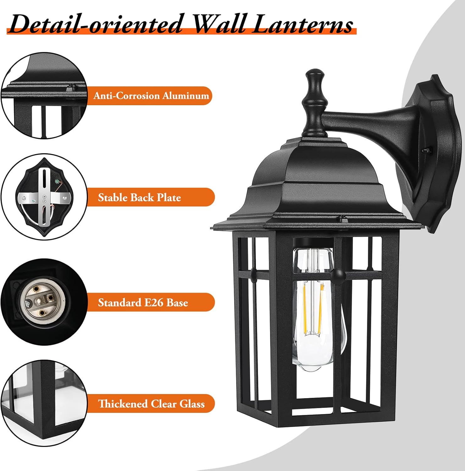 2-Pack Outdoor Wall Lanterns, Exterior Wall Sconce Light Fixture, Waterproof Anti-Rust Aluminum Porch Lights, Clear Glass Black Wall Mount Lighting, E26 Socket Wall Lamps for House(Bulb not Included)