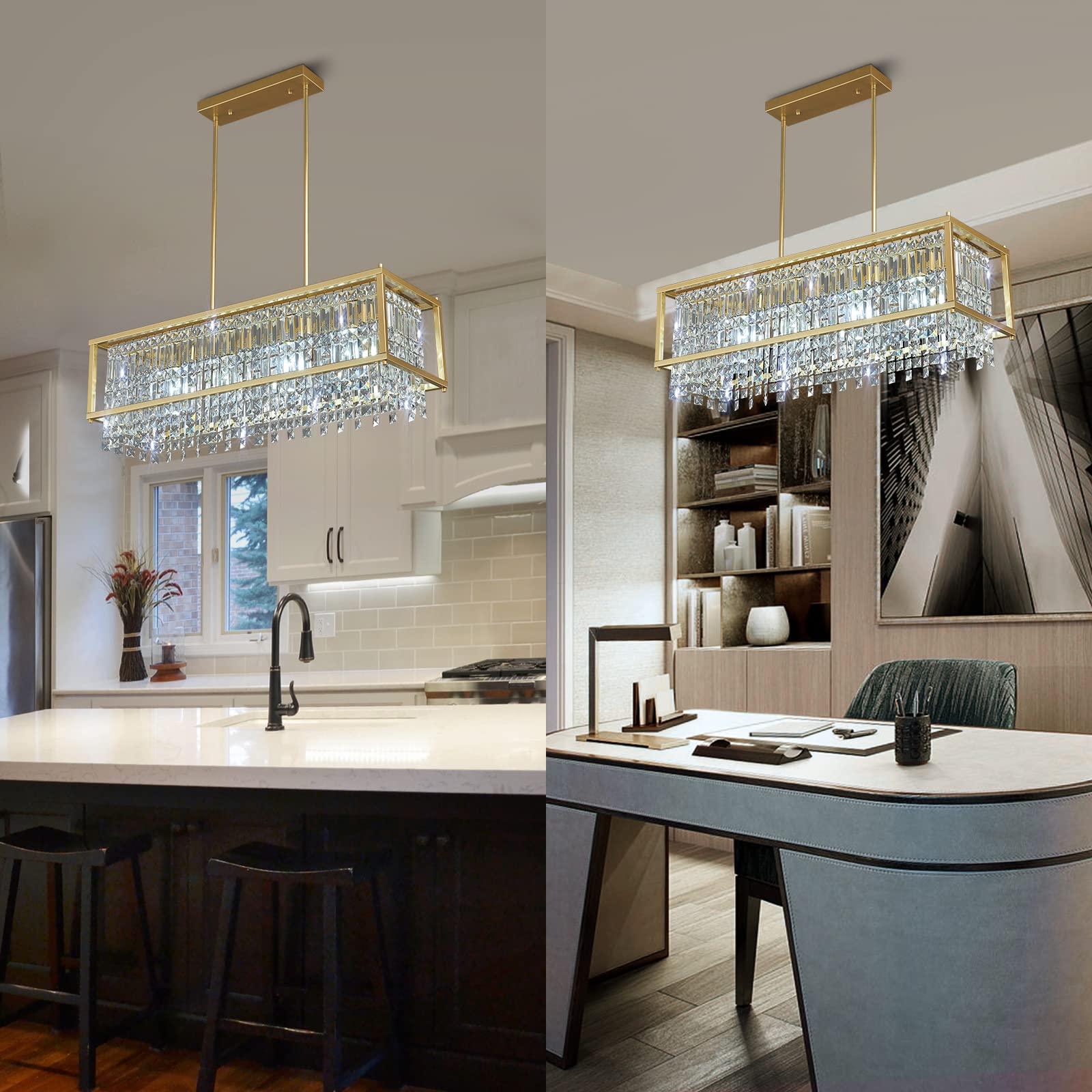 4-Light Dining Room Light Fixture 11.81 inch Square Lndustrial Farmhouse Chandelier Gold Metal Crystal Pendant Light for Kitchen Island Dining Room Living Room Flat and Inclined Ceiling