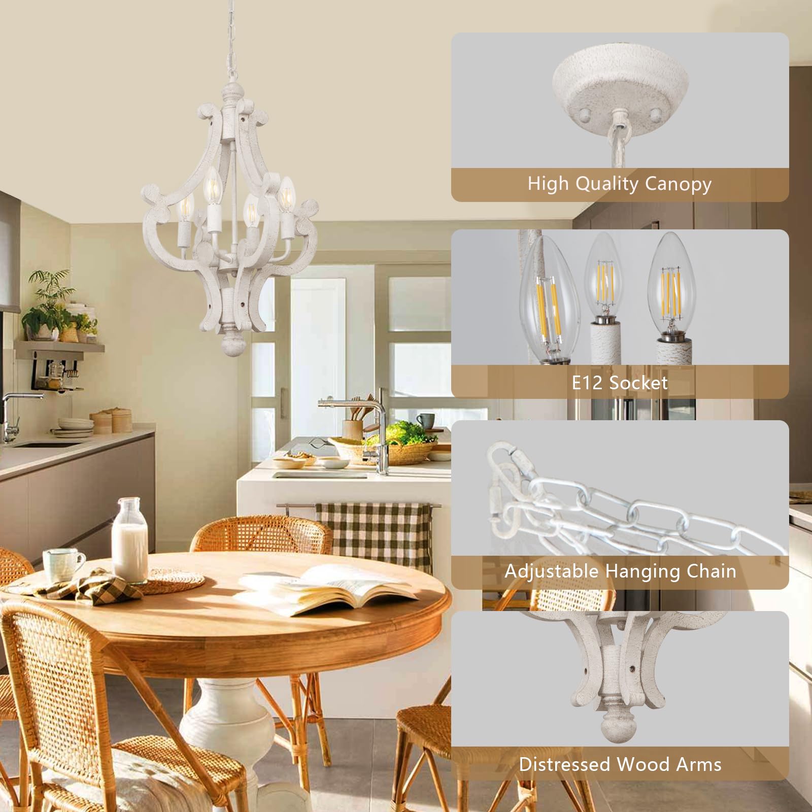 Antique White Farmhouse Chandelier, 4-Light Semi Flush Mount Ceiling Light Fixture Convertible Pendant Light Fixtures, Rustic Height Adjustable Metal Chandeliers for Dining Room Kitchen