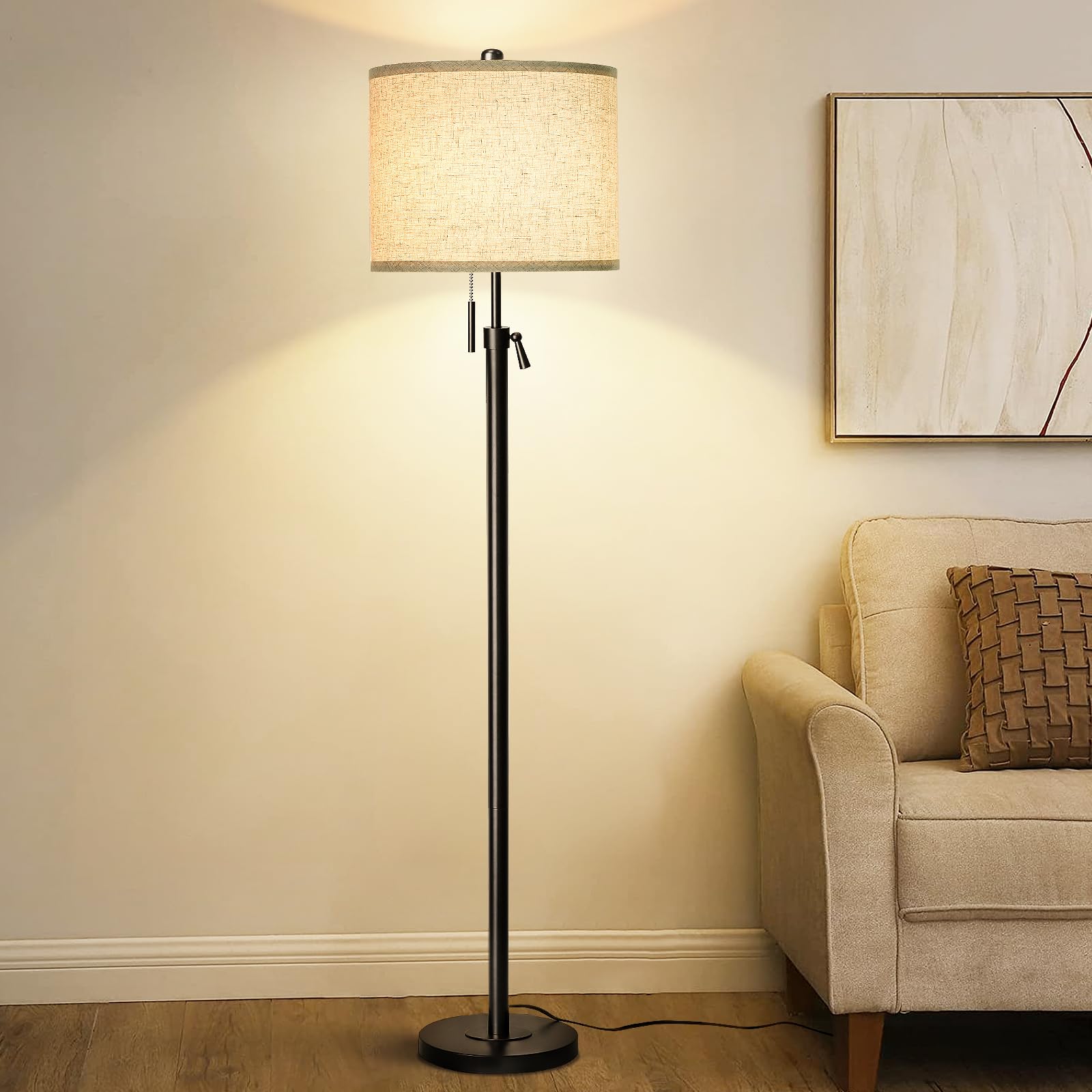 Floor Lamp for Living Room Adjustable Tall Standing Lamp, 3-Way Dimmable Floor Lamp for Bedroom Office, Black Gold Lamp with Marble Base and White Linen Shade, 6W 3000K LED Blub Included