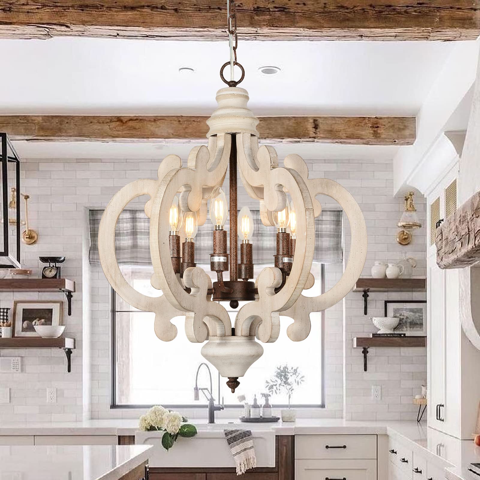 6-Lights Farmhouse Chandeliers for Dining Room,Wooden Dining Room Light Fixtures over Table,Distressed White Chandelier with Candle Sockets for Bedroom Entryway Kitchen Island Living Room(20.1")