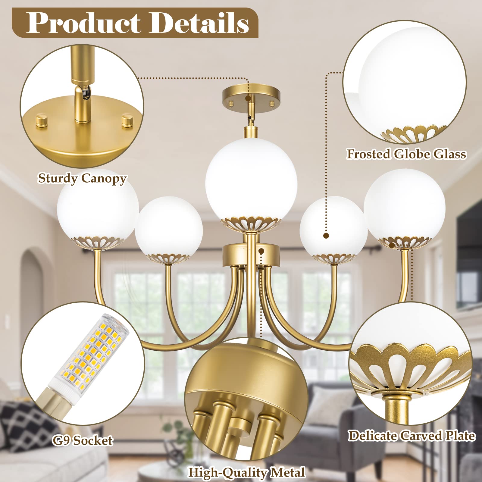 5-Light Gold Chandelier, Globe Modern Sputnik Light Fixture with Frosted Glass, Vintage Semi-Flush Mount Ceiling Light for Dining Room, Large Pendant Lighting for Kitchen Living Room Bedroom