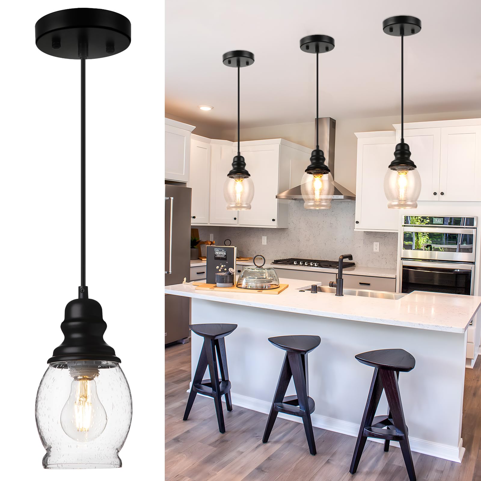 WILON Industrial Pendant Lighting, Pendant Lights for Kitchen Island 3 Light Glass Pendant Light Fixture with Seeded Glass Shade, Adjustable Cord Farmhouse Ceiling Light Black finish Linear Chandelier