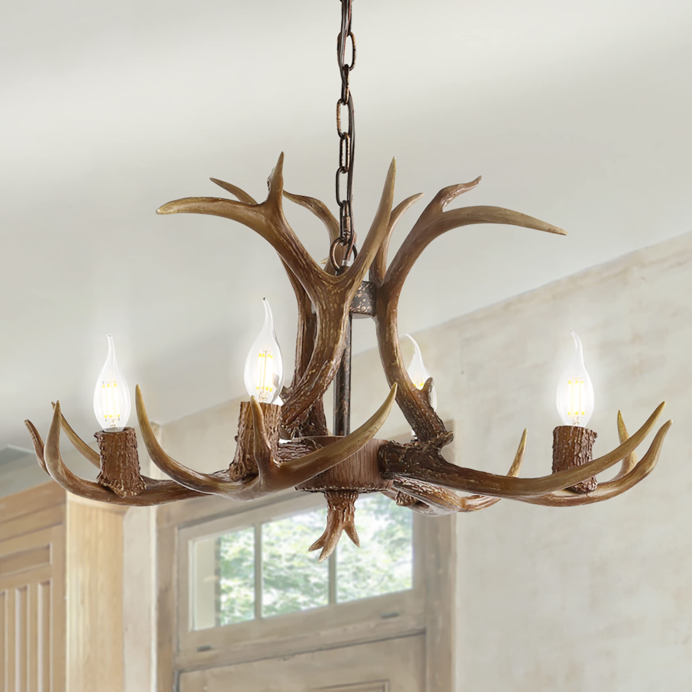 30" Adjustable Resin Antler 5-Light LED Chandelier, Glam, Rustic,Cottage,Transitional, Dimmable Dining Room, Living Room, Kitchen, Foyer, Bedroom, White