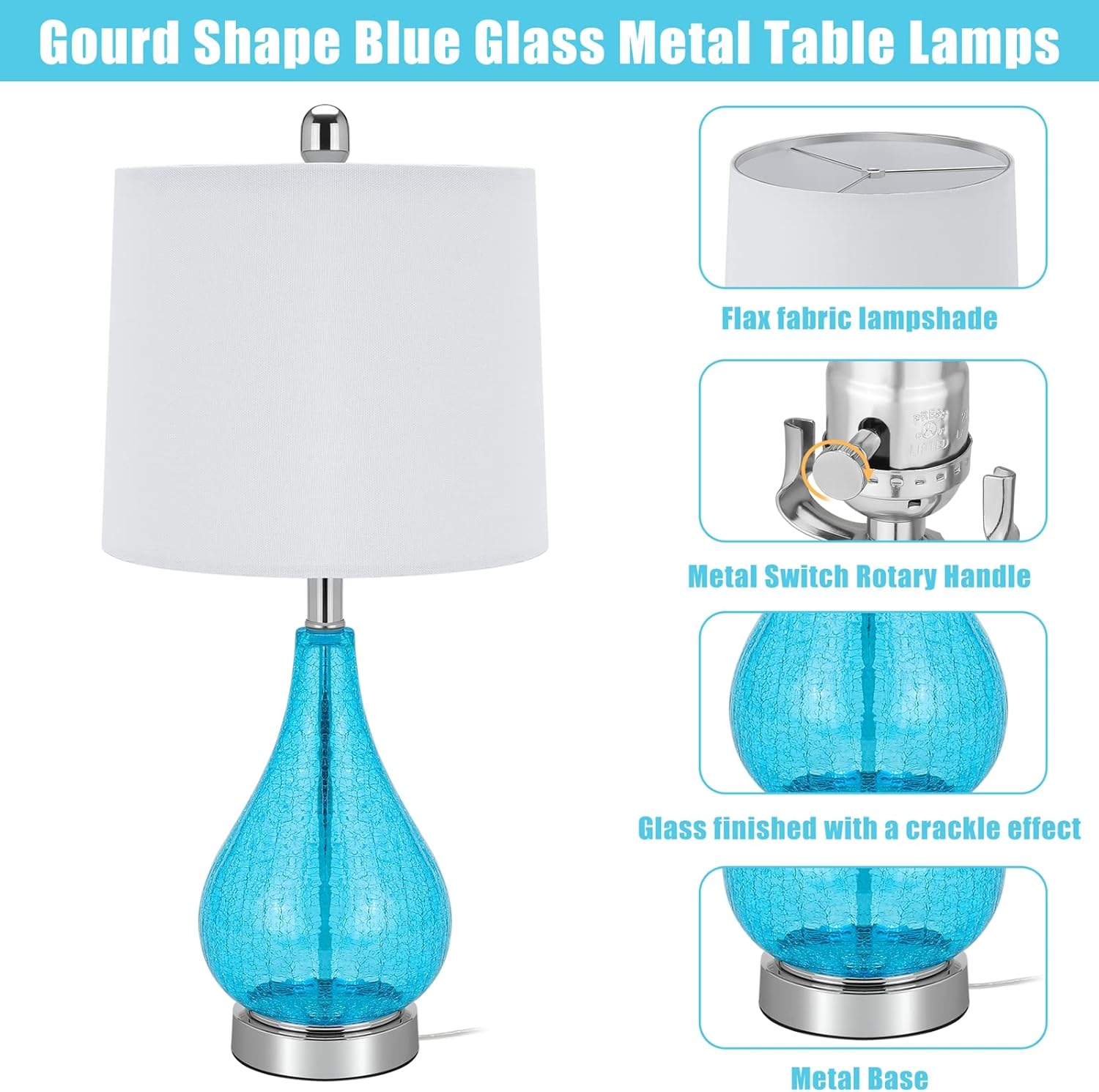 Glass Table Lamps Set of 2, Modern 23.5” Blue Cracked Glass Bedside Lamps, for Bedroom Living Room Home Office Desk Nightstand Table Lamp