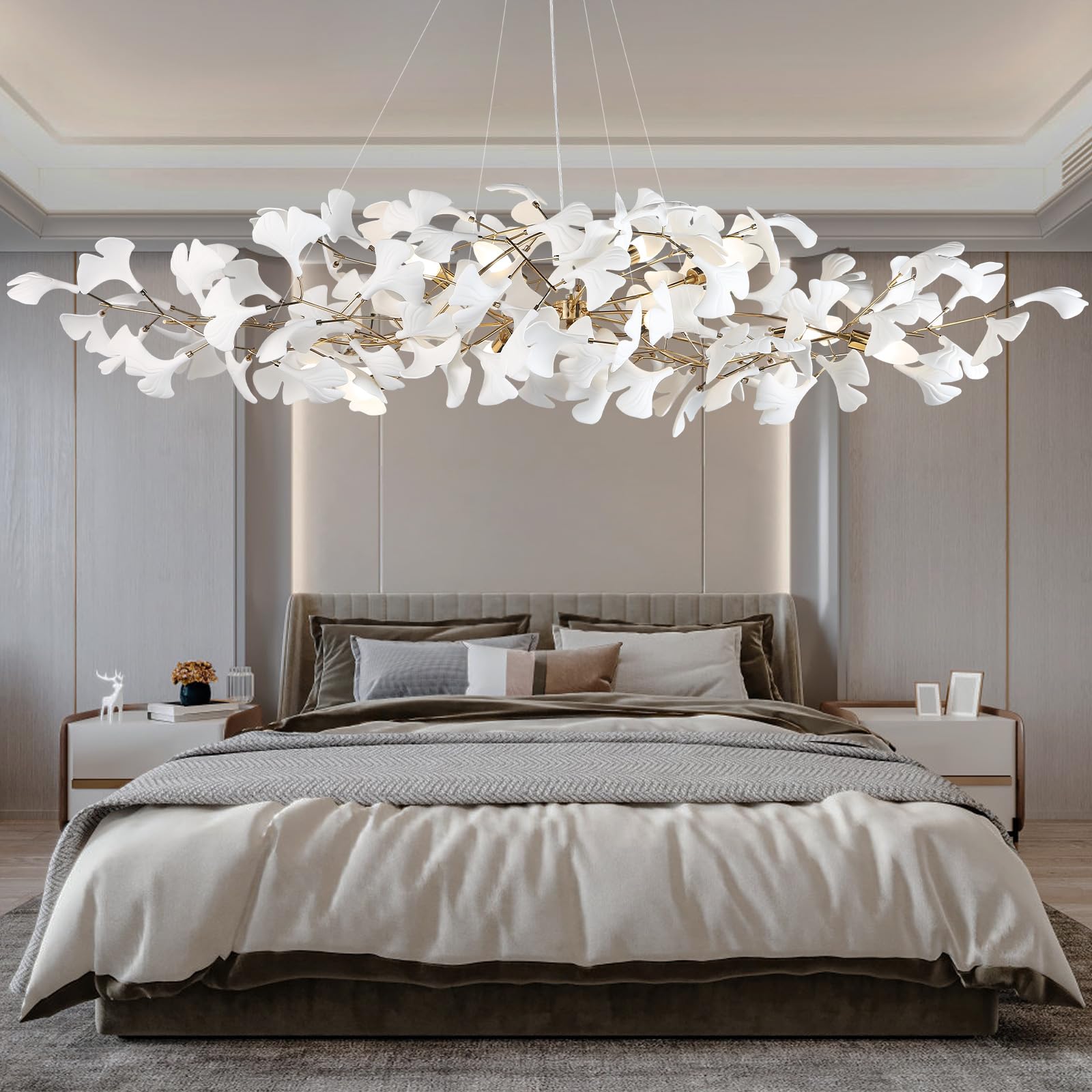 59 Inch White Rectangle Chandelier Ceramic Ginkgo Leaf Chandeliers Brass Large Chandeliers Modern Art Deco Chandelier for Dining Room Living Room,10-Light