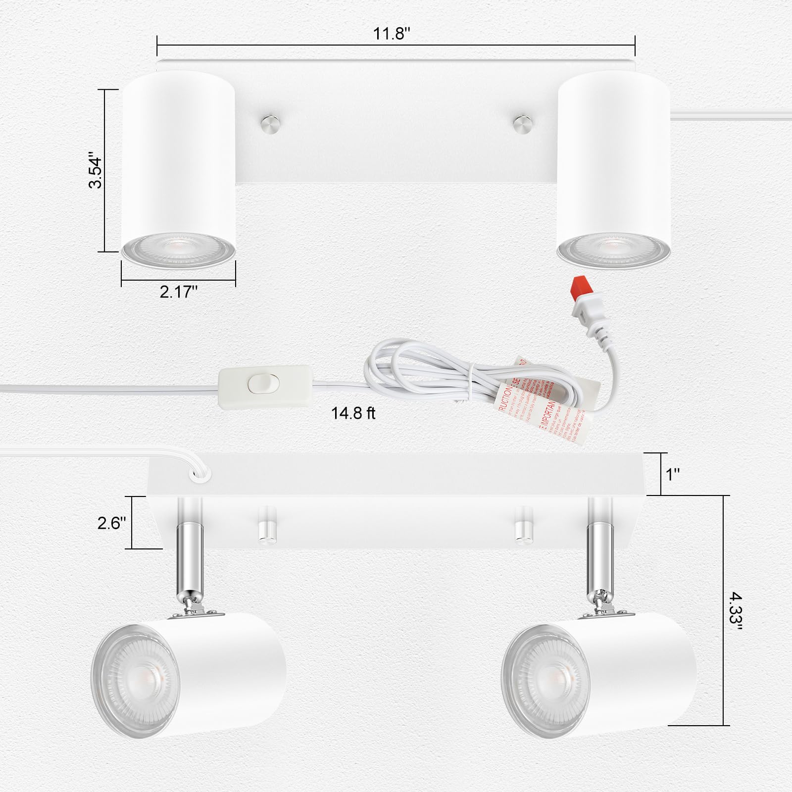 3 Light Track Lighting Kit,Black 3 Way Modern Plug in Ceiling Spotlight,Industrial LED Wall Light for Kitchen Cabinet Gallery Bar Hallway Living Room,Rocker Switch,15 Foot Cord(No Bulb)