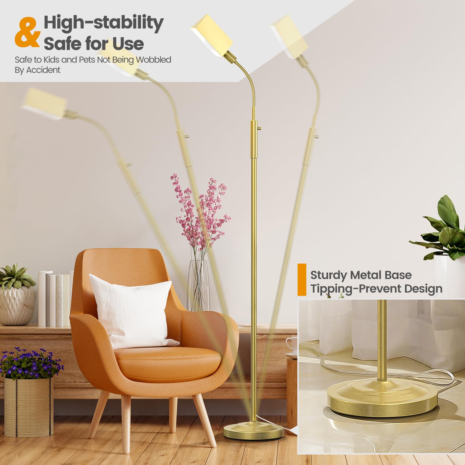 Stepless Dimmable Floor Lamp, Modern Reading Floor Lamp with Adjustable Metal Gooseneck, Standing Lamp for Living Room Bedroom Office Home Decor, 9W E26 Base Bulb Included(Gold)