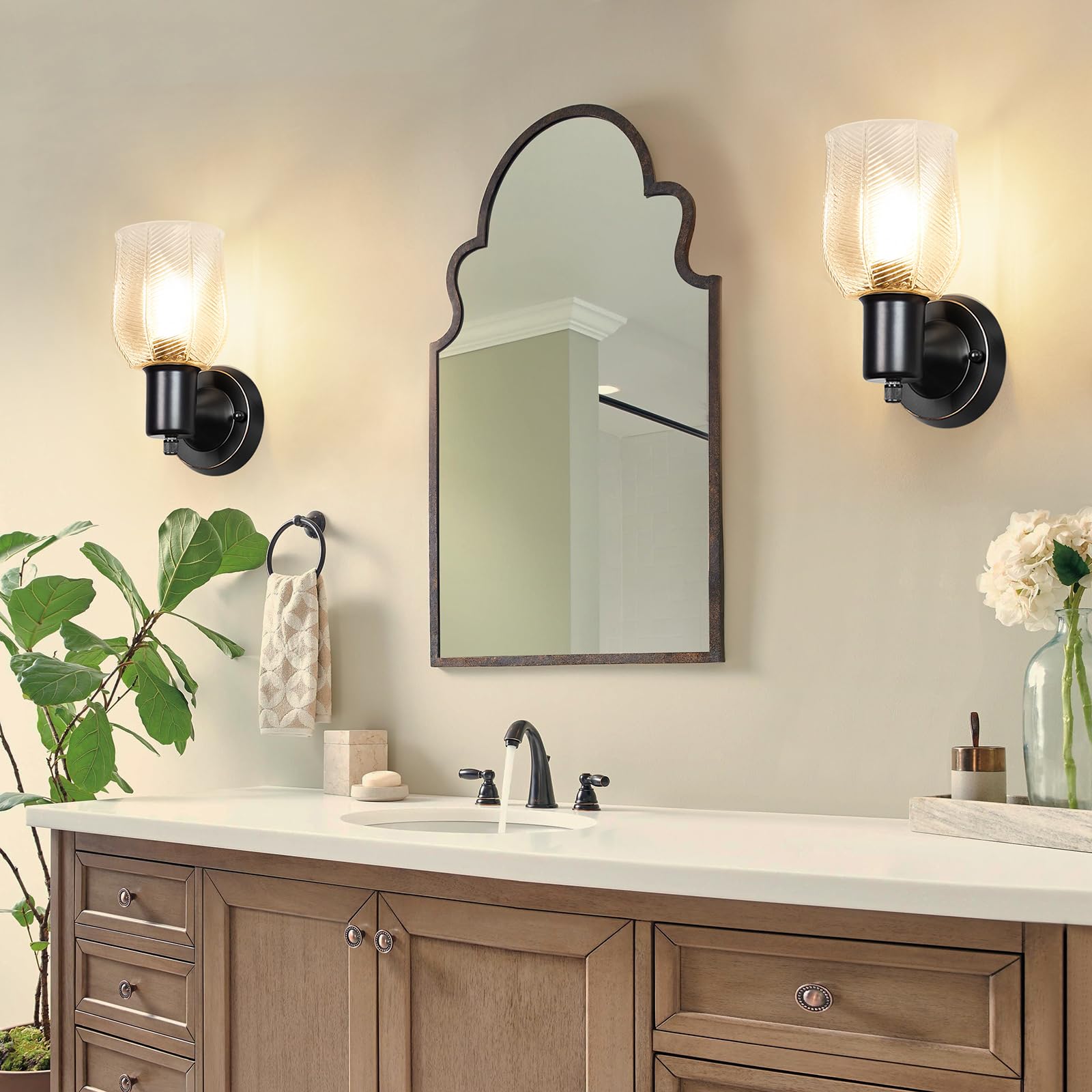 Wall Sconces Set of 2, Matte Black Vanity Lights for Bathroom, Modern Wall Light Fixtures with Rotary Switch, Wall Mount Light with Frosted Glass, Farmhouse Wall Lamp for Bedroom Mirror Living Room