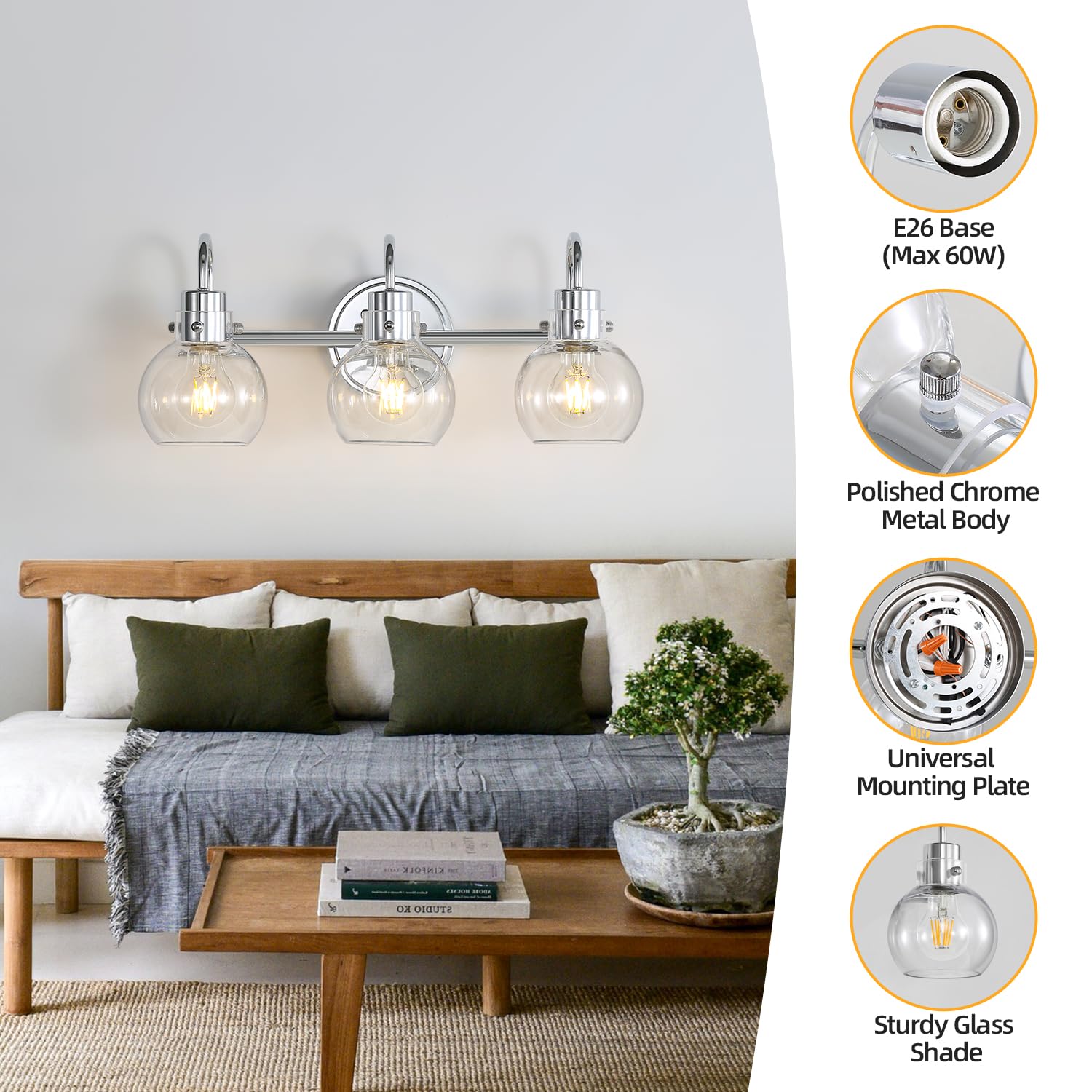 3 Lights Vanity Light, Brushed Nickel Bathroom Light Fixtures, Farmhouse Wall Sconces with Globe Clear Glass Shade, Porch Wall Mount Lamp for Mirror, Kitchen, Porch, Living Room, Workshop (E26 Base)