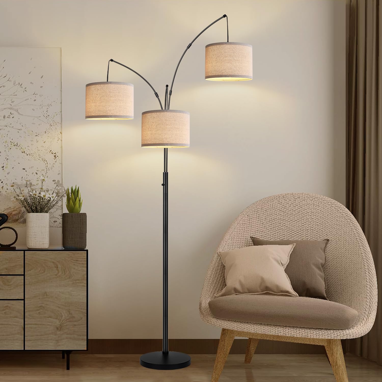 Dimmable Floor Lamp - 3 Lights Arc Floor Lamps for Living Room, 1000LM Modern Tall Standing Lamp with Beige Shades & Heavy Base, Mid Century Tree Floor Lamp for Bedroom Office, 3 LED Bulbs Included