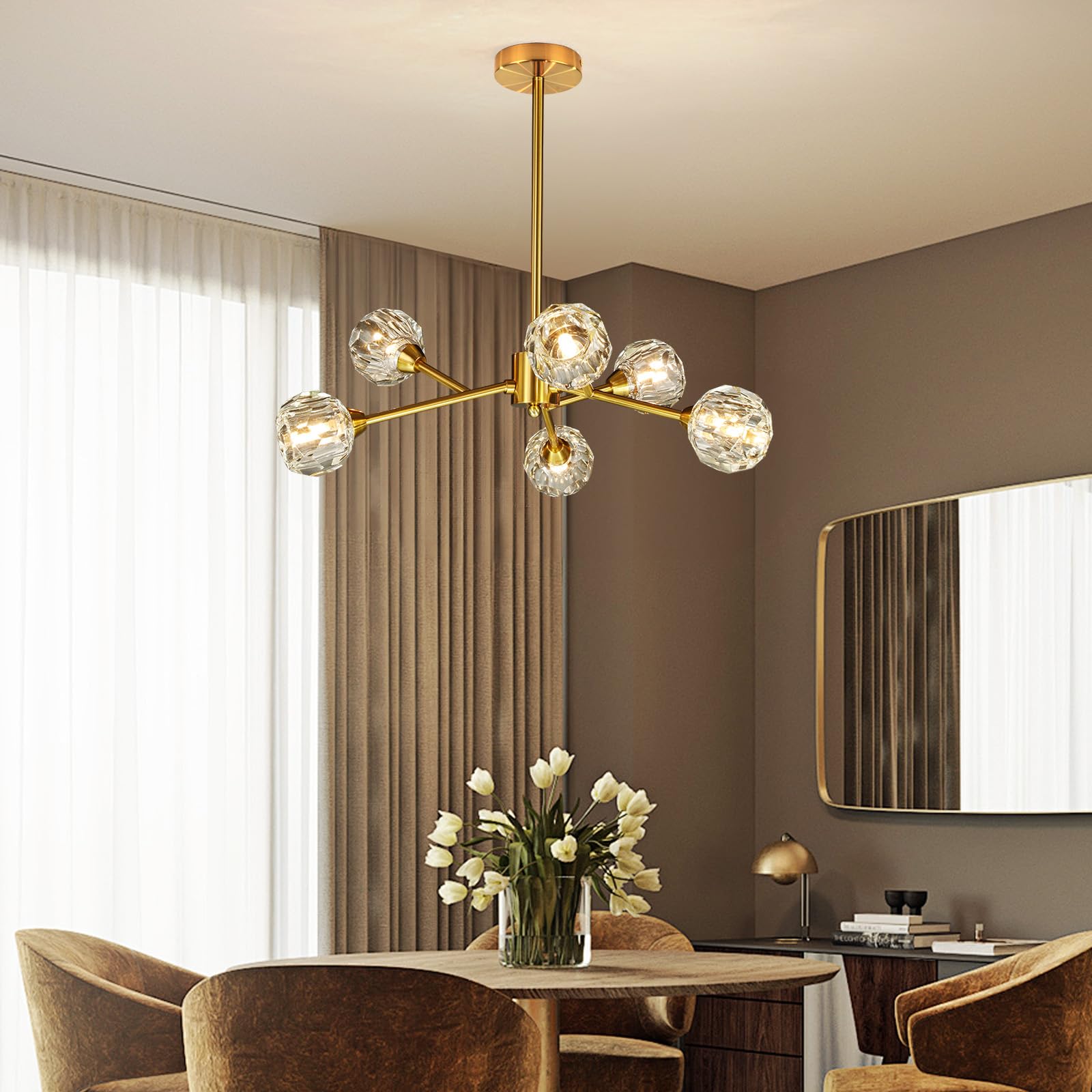 Sputnik Chandeliers for Dining Room Light Fixture, Modern Crystal Chandeliers, 9 Lights Gold Chandelier for Living Room Bedroom, Dining Room Chandelier Over Table, Kitchen Light Fixtures