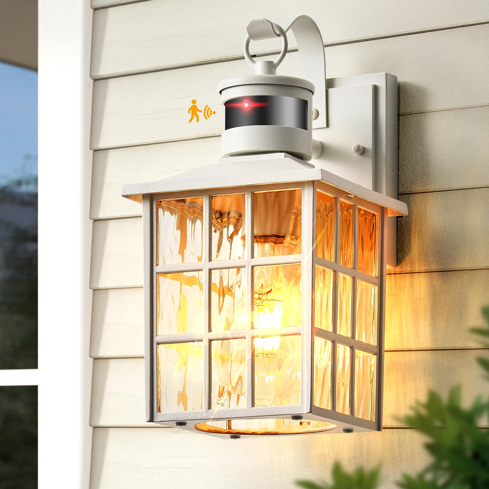 White Motion Sensor Exterior Wall Lantern, 2 Pack Dusk to Dawn Outdoor Light Fixture Wall Mount, Anti-Rust Modern Outdoor Wall Sconce Lighting for House Front Porch Garage with Tempered Glass