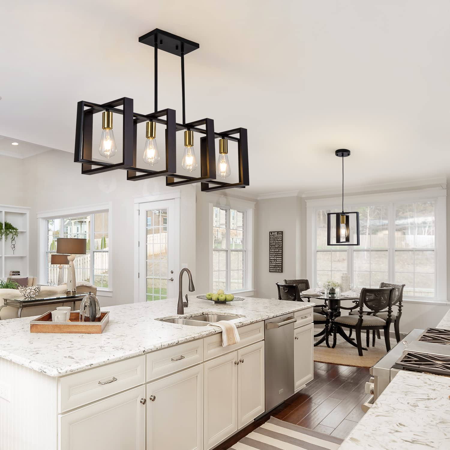 Farmhouse Kitchen Island Lighting Black Chandeliers for Dining Room Wooden Island Lights,Industrial Rectangle Light Fixtures Ceiling Hanging (4 Lights)