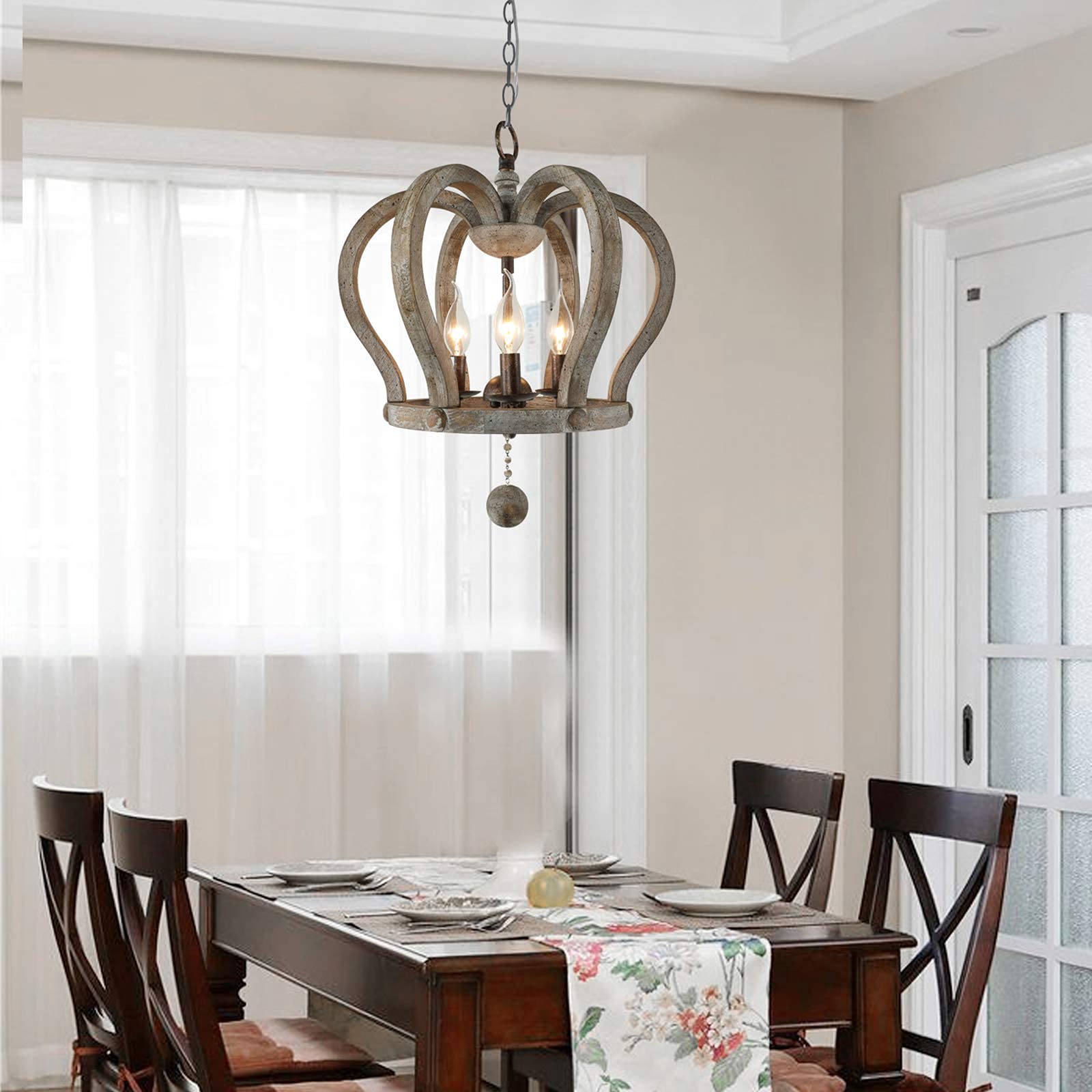 Farmhouse Crown Chandelier,Distressed White Wooden Chandelier,3-Light Vintage Pendant Light Wood Rustic Chandelier for Living Room Dining Room Foyer Hallway Bedroom Kitchen Island