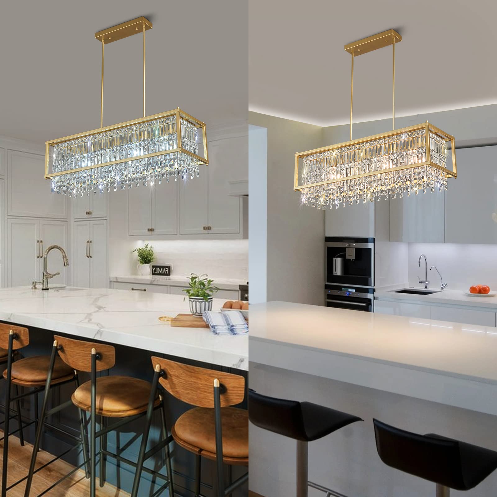 4-Light Dining Room Light Fixture 11.81 inch Square Lndustrial Farmhouse Chandelier Gold Metal Crystal Pendant Light for Kitchen Island Dining Room Living Room Flat and Inclined Ceiling