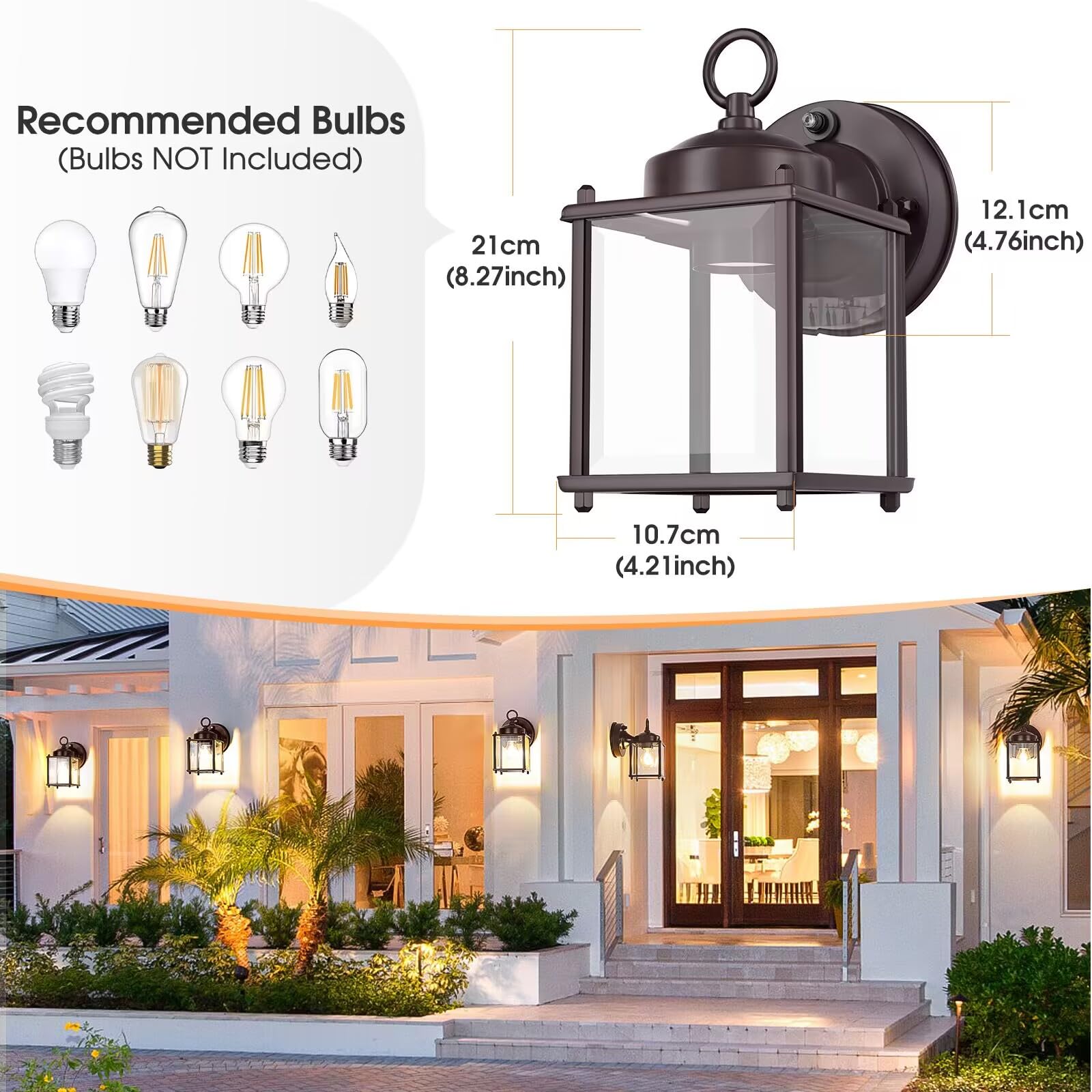 Sensor Outdoor Wall Sconce, Exterior Waterproof Wall Mount Lanterns, Black Front Porch Lights with Clear Beveled Glass, 2 Pack