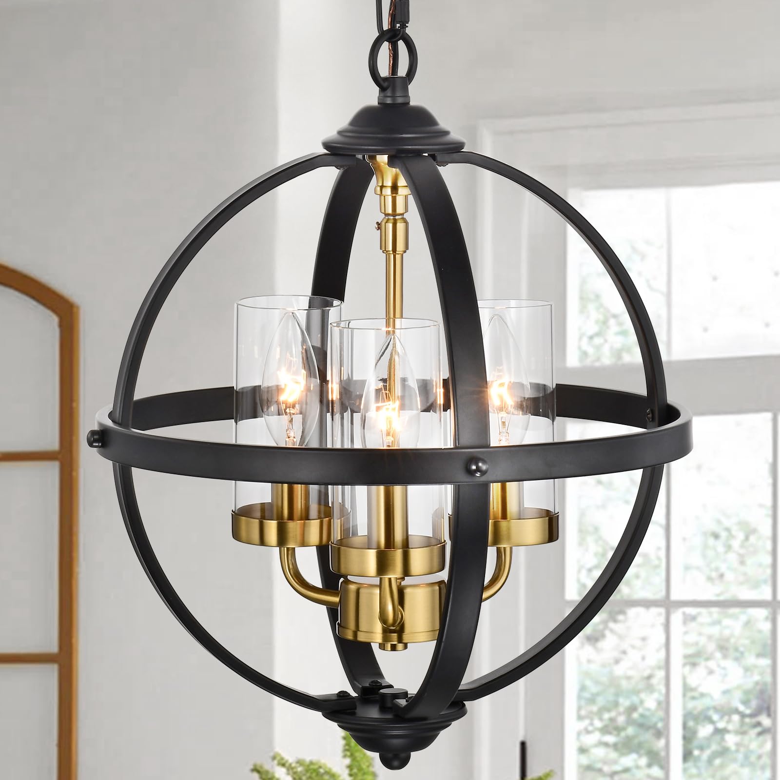 Rustic Chandelier, 14" Black and Gold Globe Pendant Chandelier, 3-Light Adjustable Ceiling Hanging Light for Kitchen, Dining Room, Living Room, Hallway, Bedroom, Entryway