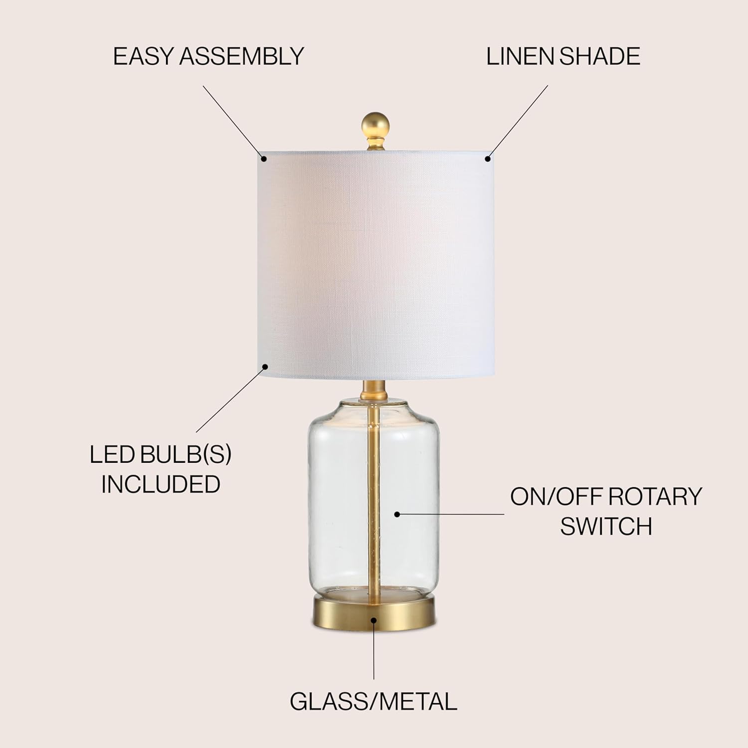 Duncan 20.5" Glass/Metal LED Table Lamp Glam Cottage Bedside Desk Nightstand Lamp for Bedroom Living Room Office College Bookcase LED Bulb Included, Clear/Brass Gold