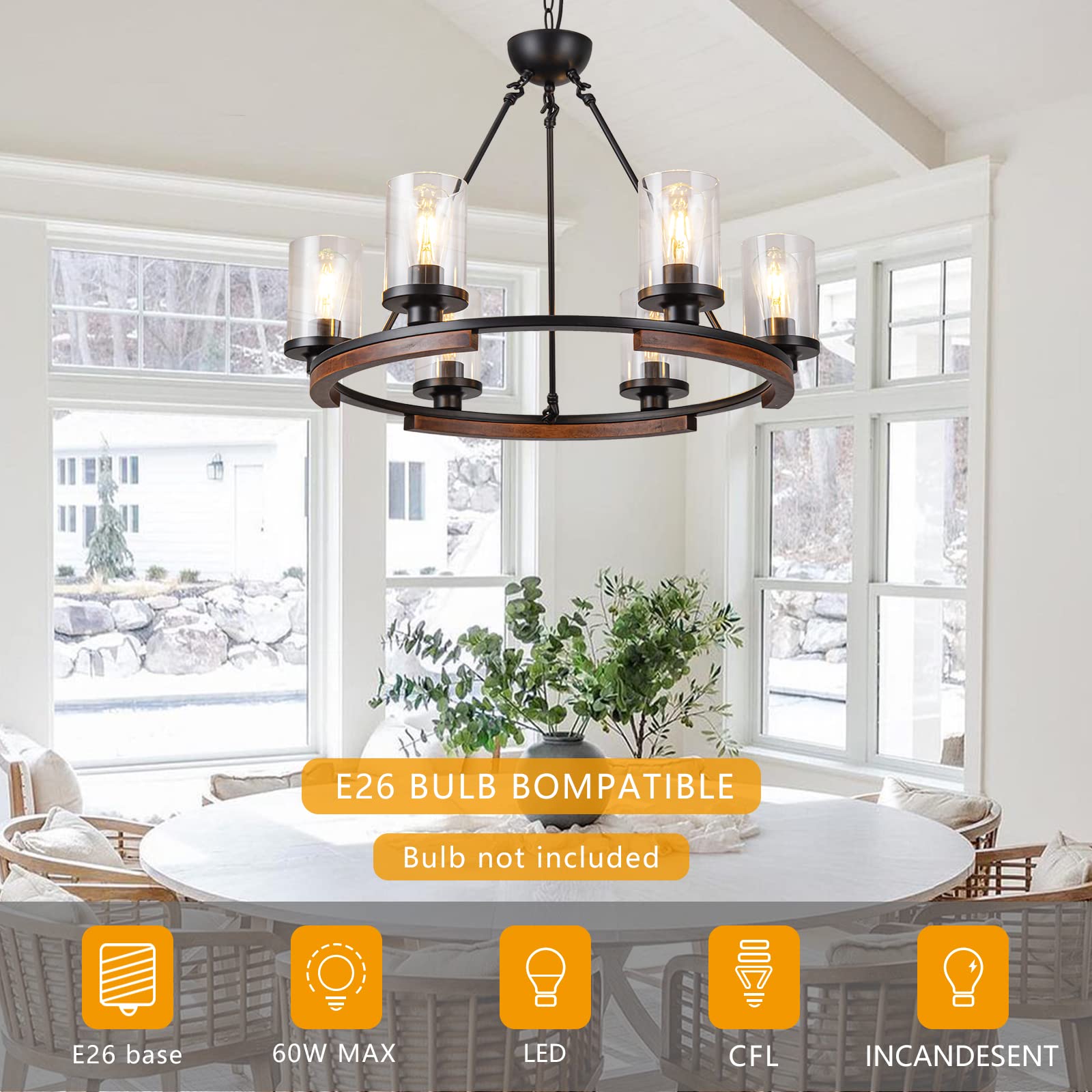 Dining Room Light Fixture Over Table, 5-Light Linear Farmhouse Chandelier Pendant Lighting for Kitchen Island Dining Room with Glass Shade, Black Metal and Wood Finish