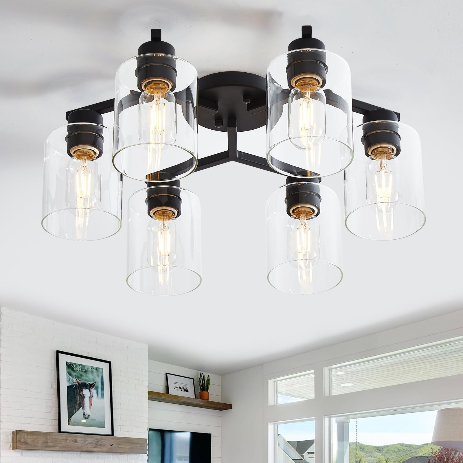 6 Light Semi Flush Mount Ceiling Light, Kitchen Lighting Fixtures Ceiling, Industrial Black Ceiling Light Fixtures with Clear Glass Shade for Hallway, Foyer, Farmhouse, Bedroom, Living Room