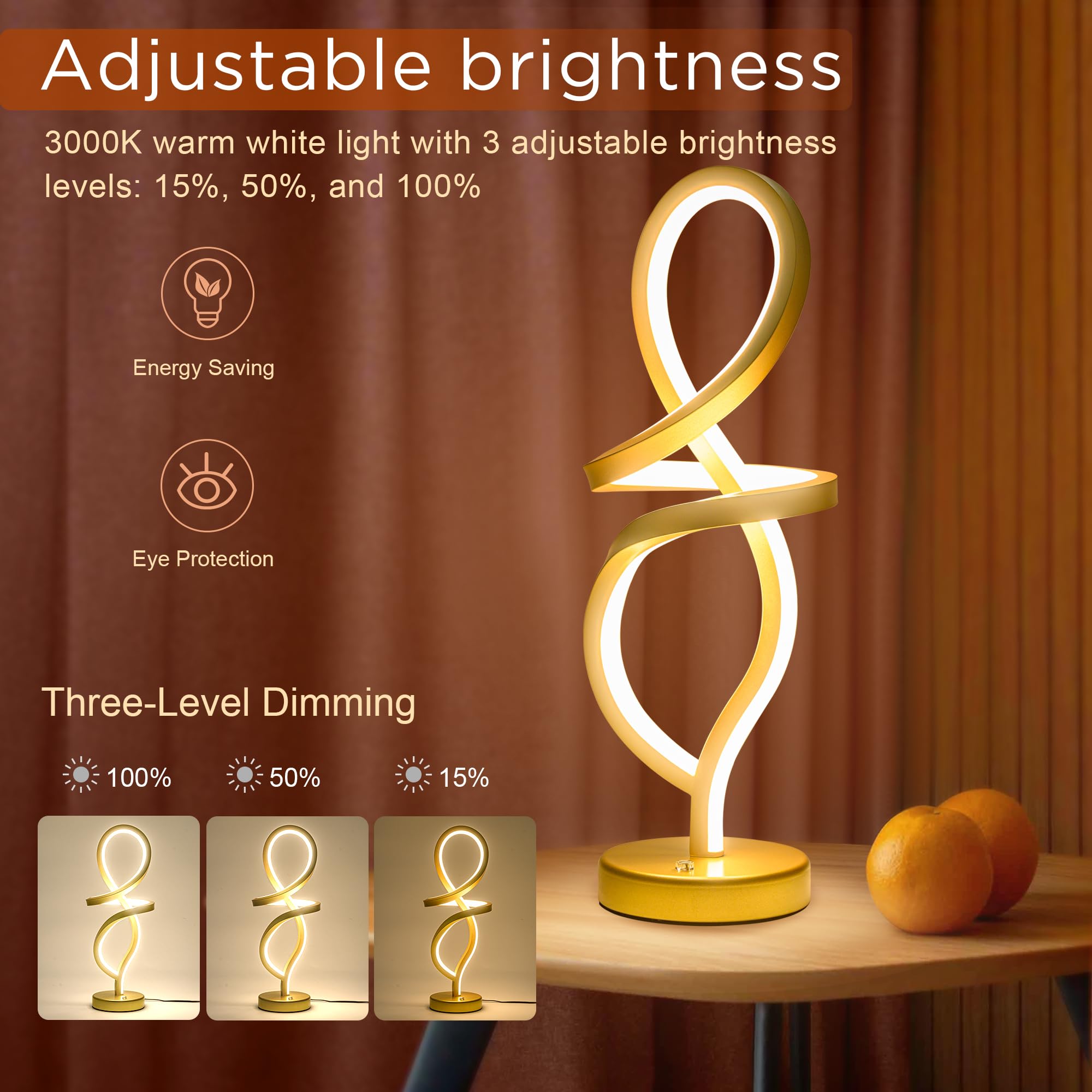 Modern Table Lamp, LED Spiral Lamp, Black Bedside Lamp with Stepless Dimming Switch, Contemporary Nightstand Lamp, LED Lamp for Bedroom Living Room Home Office, 12W, 3200K Warm White