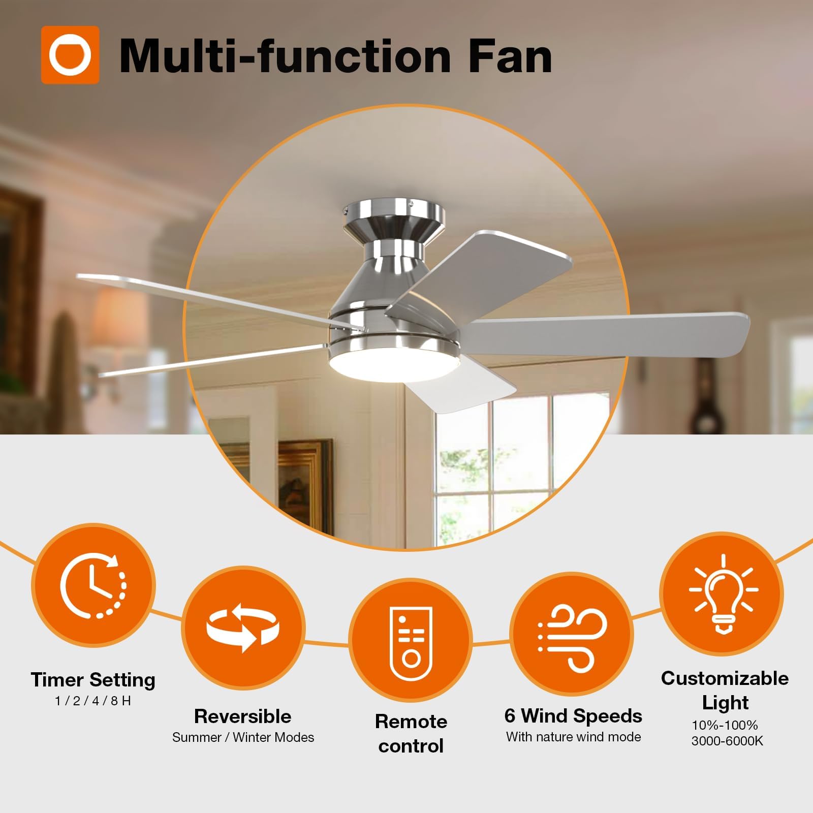 Ceiling Fans with Lights, 42 Inch Low Profile Ceiling Fan with Light and Remote Control, Flush Mount, Reversible, 3CCT, Dimmable, Quiet, Black Small Ceiling Fan for Bedroom Indoor/Outdoor Use