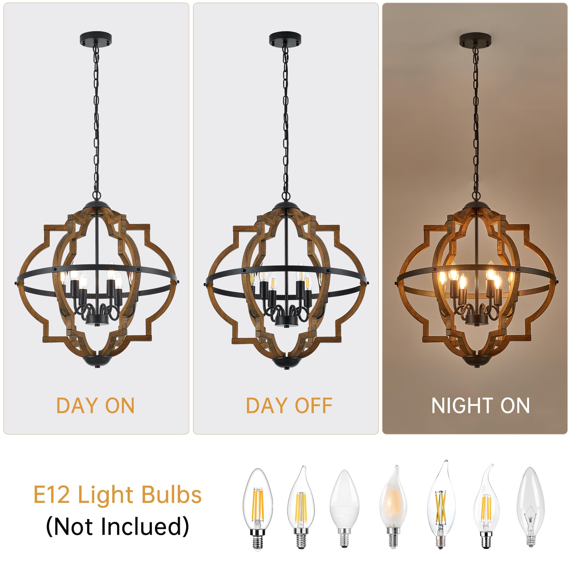 6-Light Farmhouse Wood Pendant Light,22.83'' Vintage Rustic Brown Oak Wood Chandeliers,Retro Industrial Hanging Light Fixtures for Dining Room Entryway, Bedroom