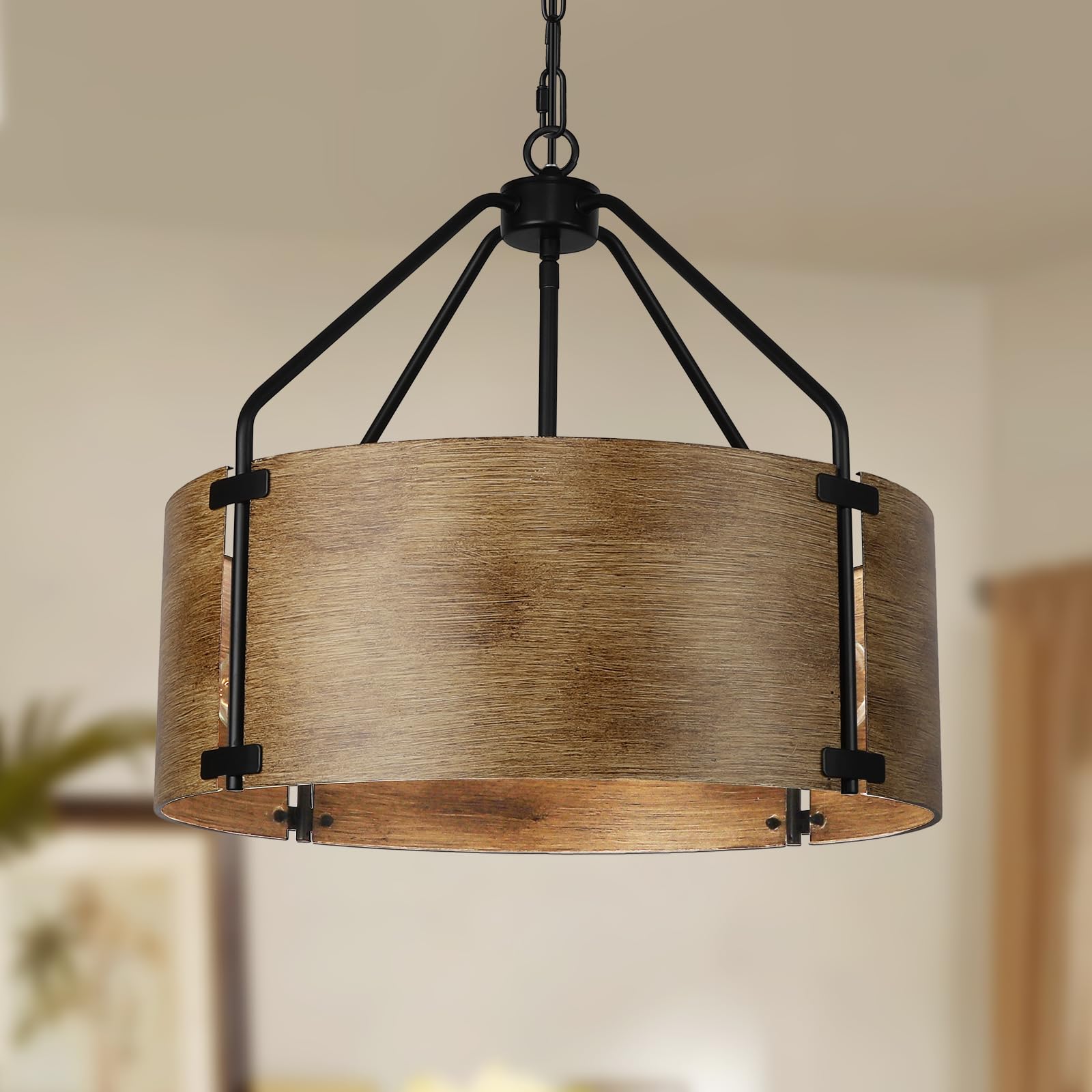 4-Light Farmhouse Drum Chandelier, Rustic Industrial Round Metal Hanging Light Fixture for Dining Room Foyer Entryway Kitchen Bedroom Living Room, Antique Woodgrain Finishe