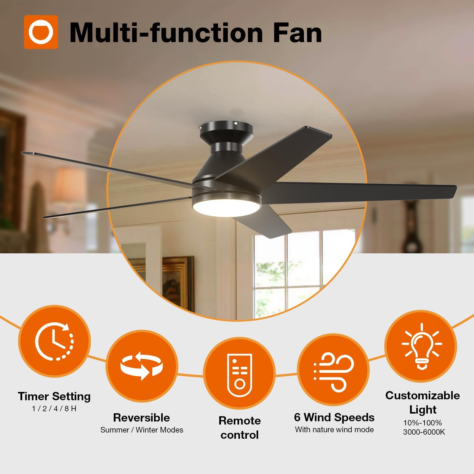 Ceiling Fans with Lights, 42 Inch Low Profile Ceiling Fan with Light and Remote Control, Flush Mount, Reversible, 3CCT, Dimmable, Quiet, Black Small Ceiling Fan for Bedroom Indoor/Outdoor Use