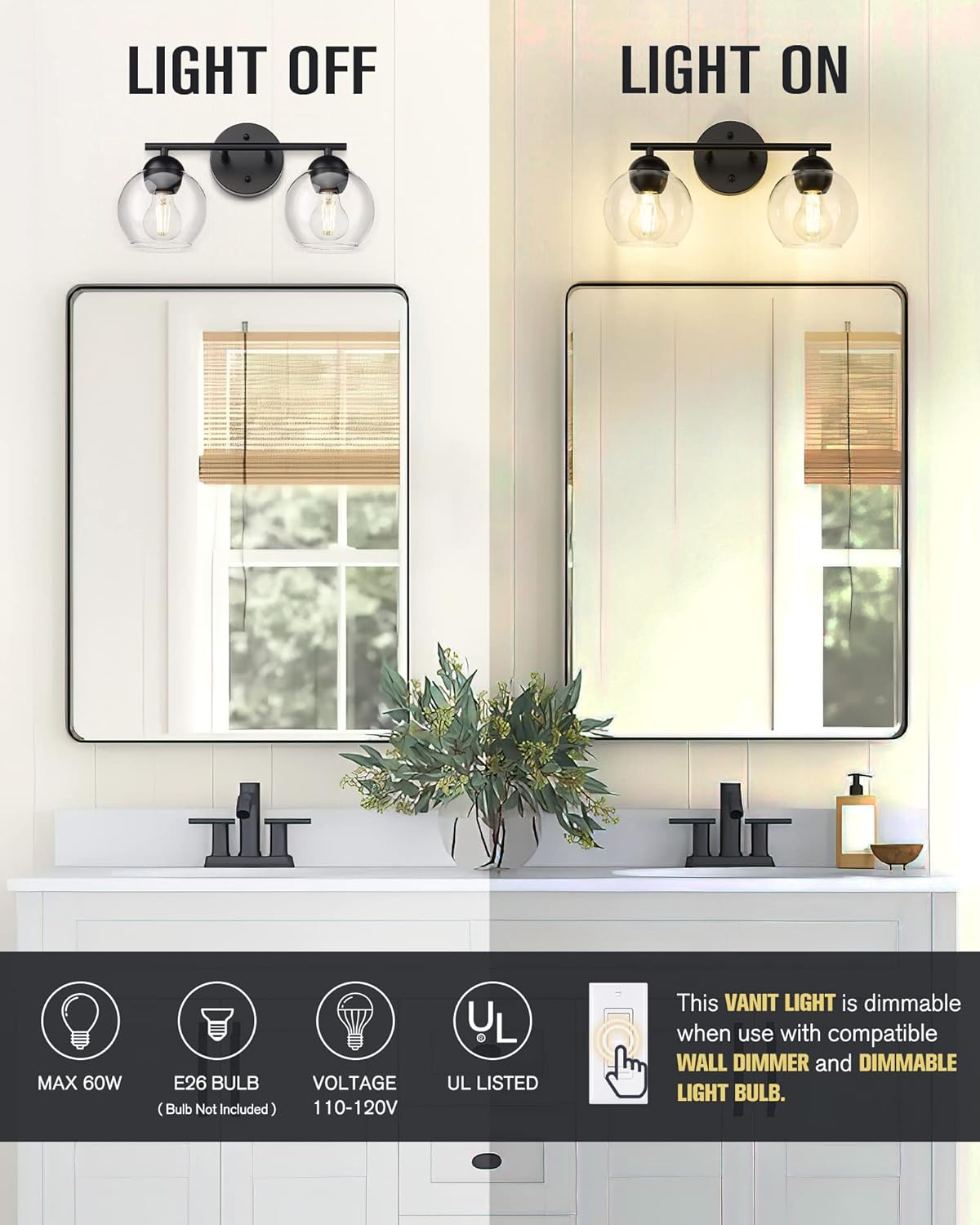 Black Vanity Lights for Mirror, Modern Farmhouse 2-Light Bathroom Light Fixtures Globe Bathroom Vanity Light with Milk Glass Shade, VL114-BK-ML-2