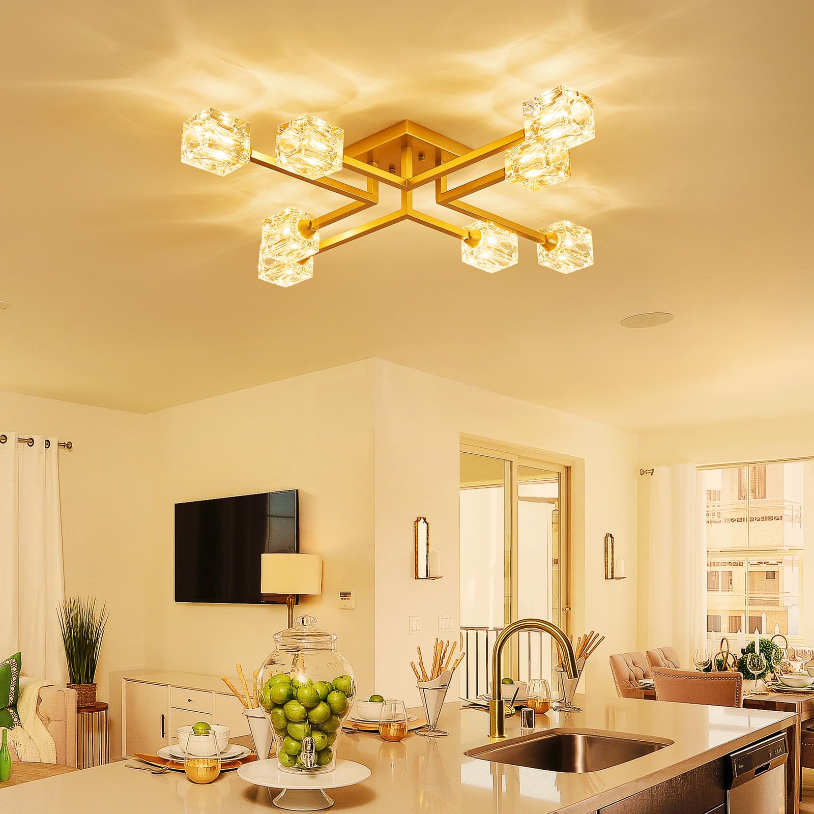 8-Light Semi Flush Mount Ceiling Light Fixture Modern Antique Gold Sputnik Chandeliers Fashion Lighting for Bedroom Dining Room Farmhouse Kitchen Office