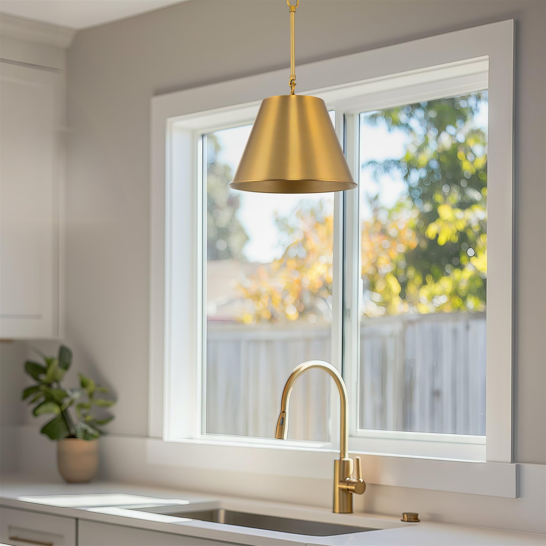 Modern Industrial Pendant Light + Metal Empire Shade, Adjustable Hanging Height, Warm Brass Finish