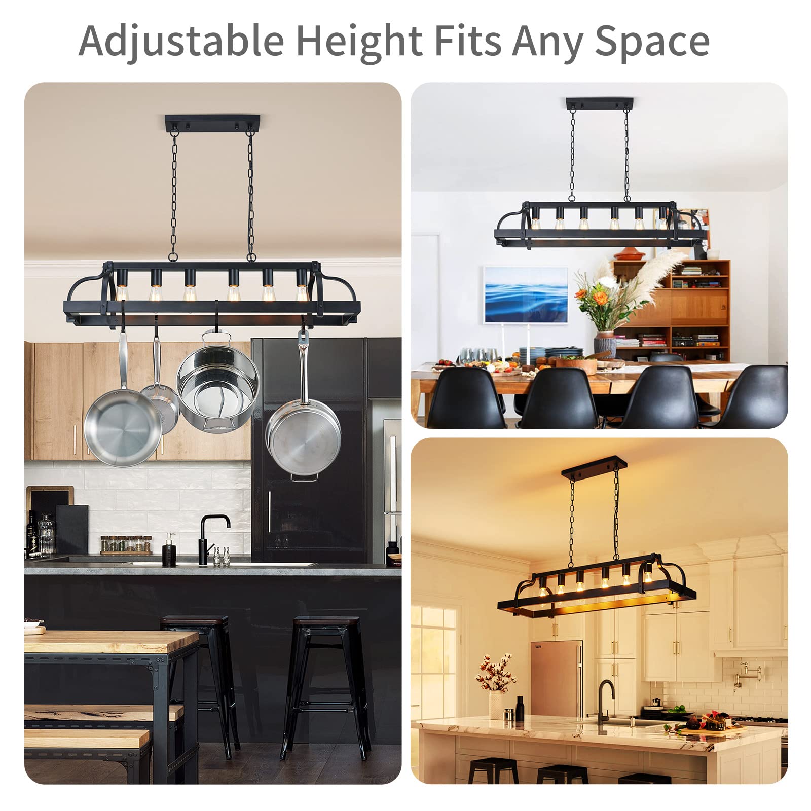 WUZUPS 5-Light Metal Chandelier Imitation Wood Grain Linear Pendant Ceiling Lighting Rustic Farmhouse Fixture Kitchen Island Dining Room, H 8.5" L 31.5" W10, E26 Base, Black & Antique White