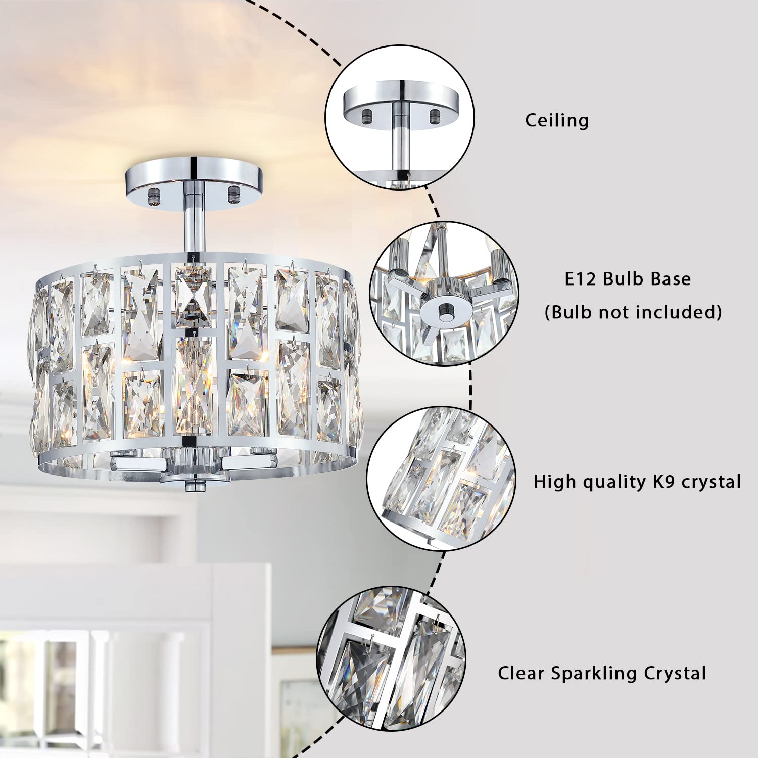 MEXO Farmhouse Crystal Round Semi Flush Mount Close to Ceiling Light Fixture, Drum Shade 3LT Ceiling Lamp for Kitchen Island Dinning Room Bedroom, Hallway Black Finish