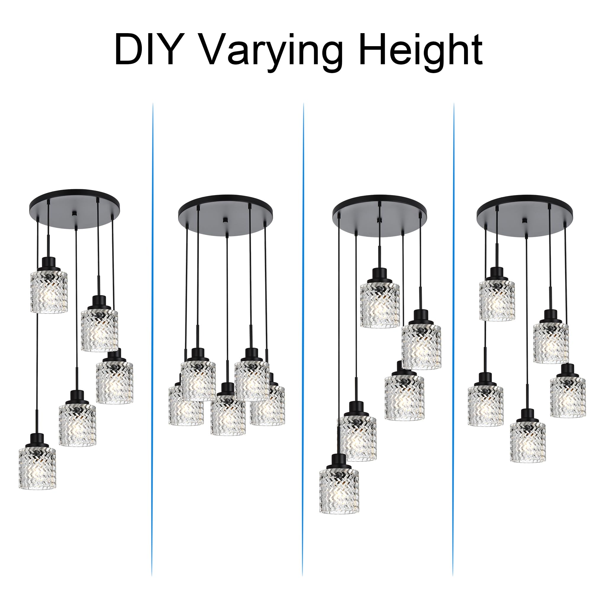 6 Lights Linear Chandeliers for Dining Room, Black Island Lighting Fixture Hanging Pendant Lights with Hammered Glass Shade for Kitchen Island, Dining Hall, Bar