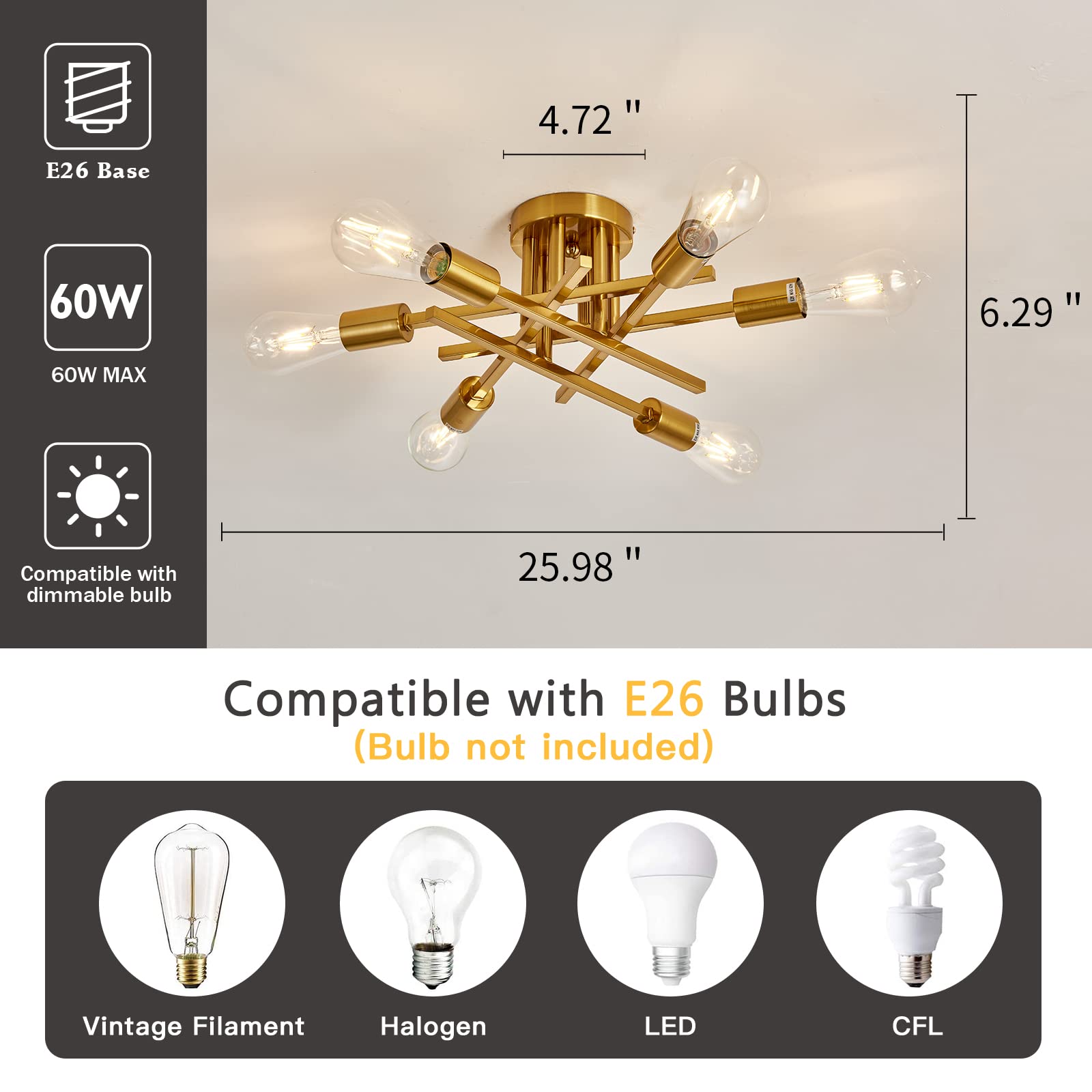 Semi Flush Mount Modern Ceiling Light Fixture， 6 Lights Black Vintage Matte Sputnik Chandelier Ceiling Lamp with E26 Bulb Base for Farmhouse Dining Room Living Room Bedroom Study Kitchen