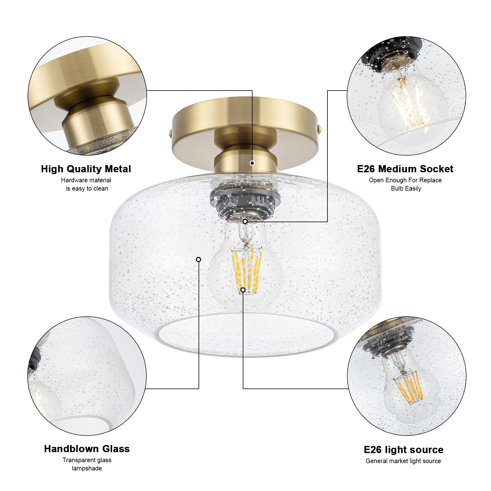 semi Flush Mount Ceiling Light Fixture with Textured Glass Brass Metal Base Includes 1200 lumens LED Bulbs Gold Hallway Light Fixtures Modern Ceiling Light Suitable for entryway Bathroom