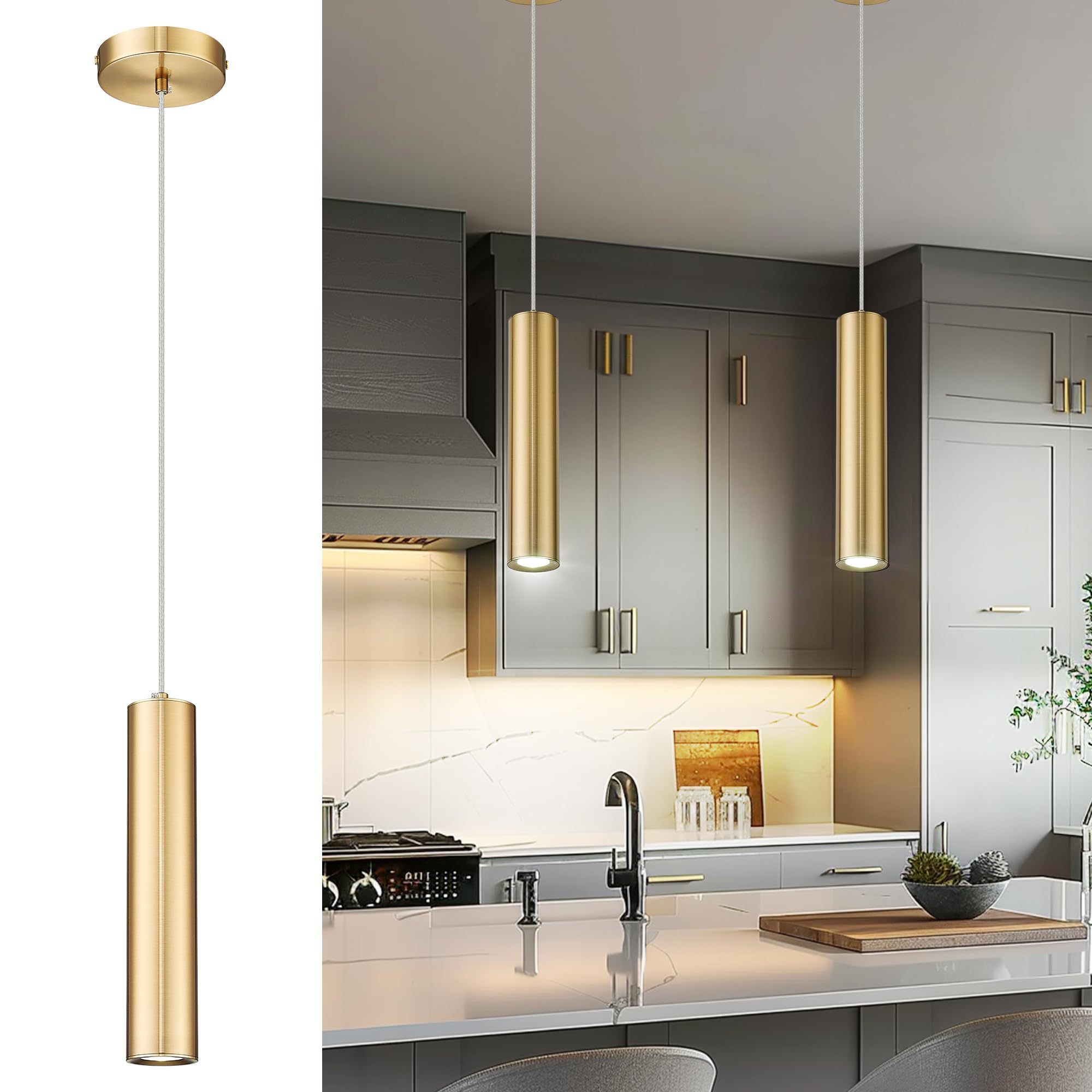 Brass Gold Pendant Light Fixture, Modern Hanging Light for Kitchen Island Dining Room Bedroom (2 Pack), PL4830-1P-BB