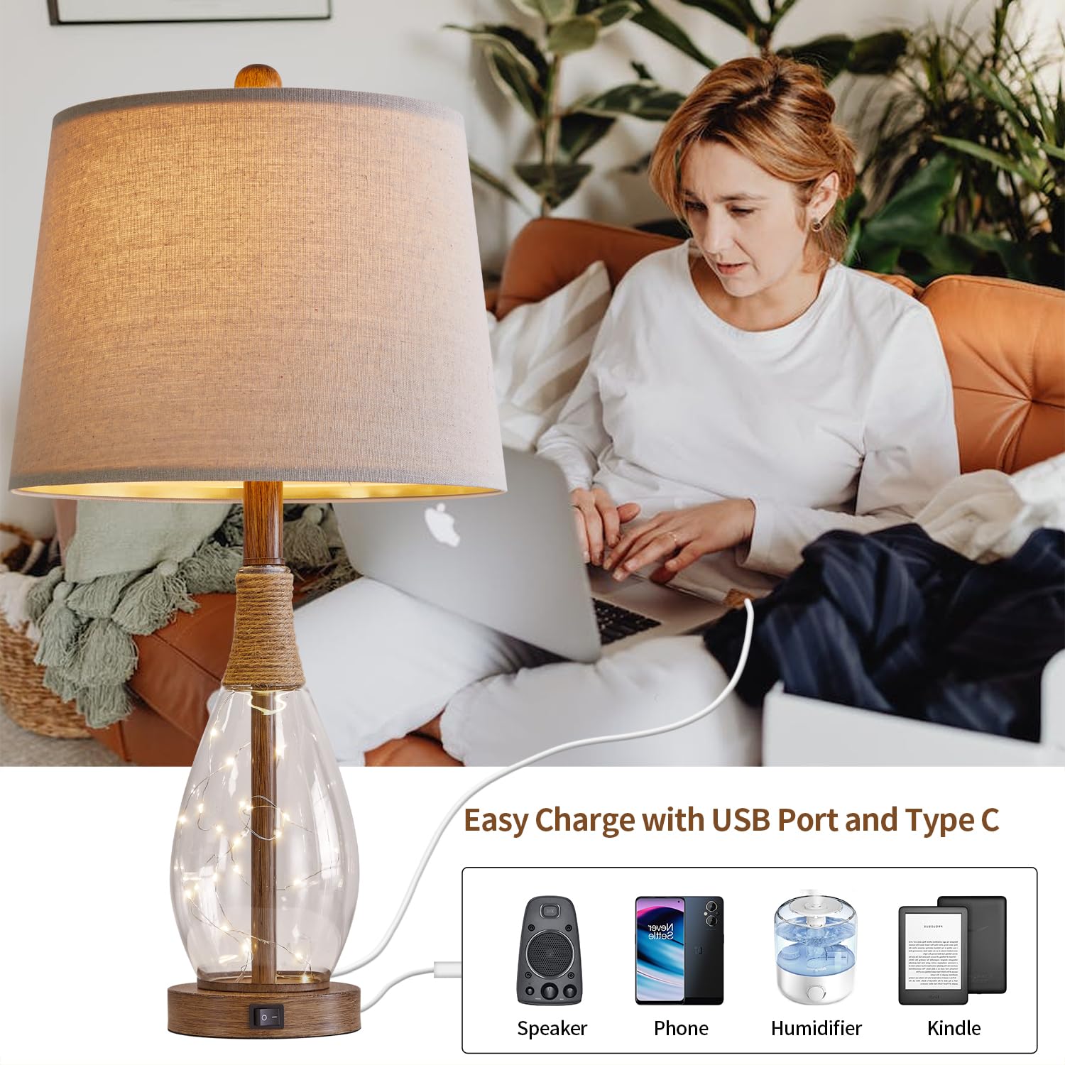 23" Table Lamps for Living Room Set of 2 Bedside Lamps for Night Stands Bedroom Lamps Farmhouse Rattan Boho Lamp Glass Nightlight End Table Lamp with USB C+A (White)