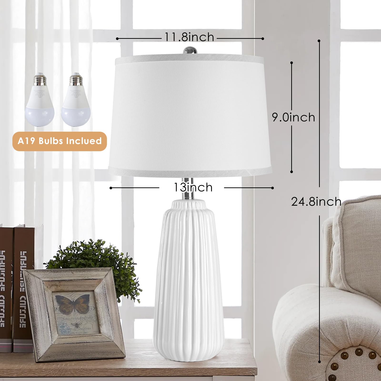 Ceramic Table Lamps Set of 2, 25Inch Modern White Table Lamps for Bedroom Living Room with 3 Color Temperature - 3000K/4000K/6000K, Coastal Lamps for Nightstand Bedside with 2 LED Bulbs, 9W