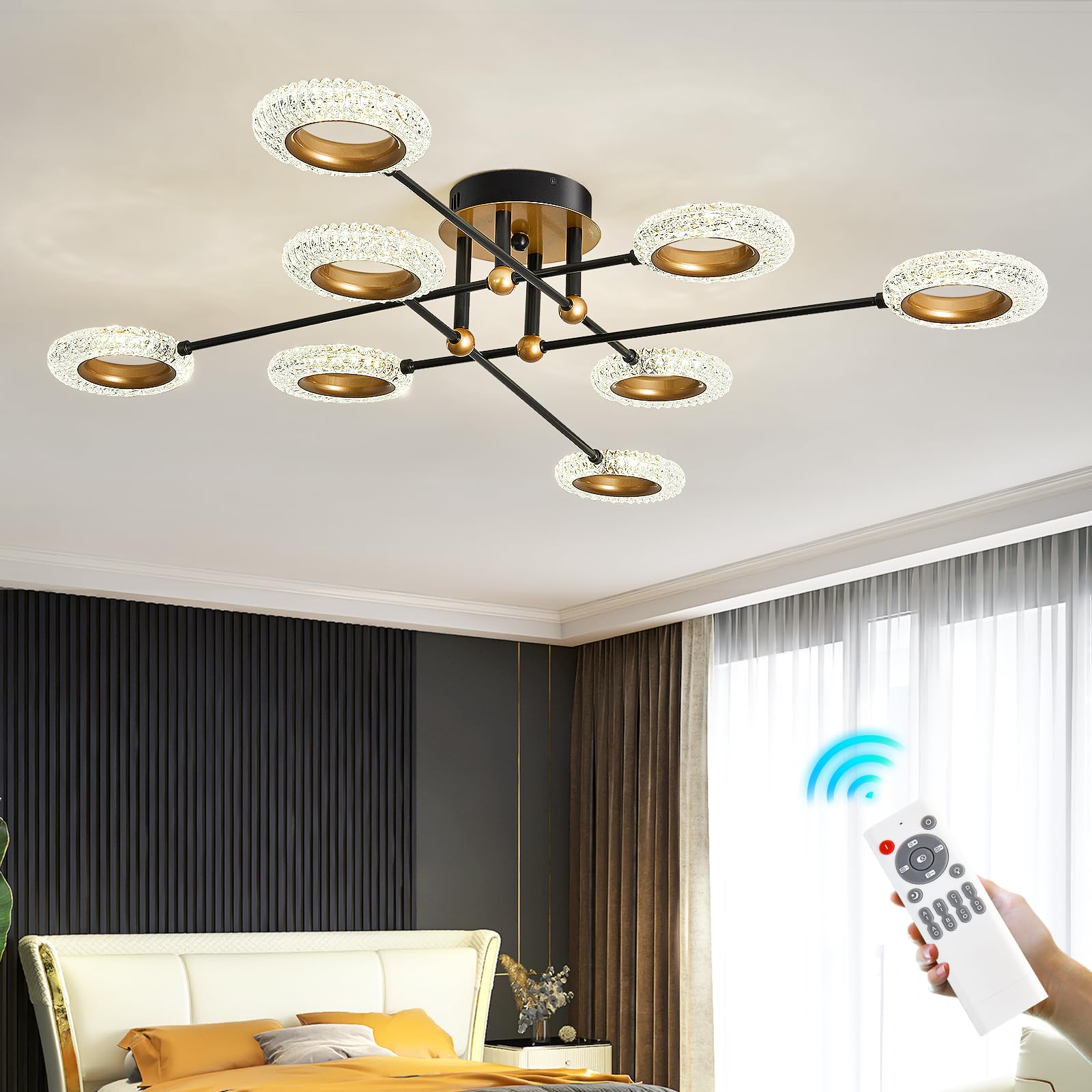 Farmhouse 5-Light Semi Flush Mount Ceiling Light Fixture with E26 Modern Matte Black and Gold Chandelier Sputnik Ceiling Lamp for Hallway Kitchen Dining Room Bedroom Study Living Room Bathroom